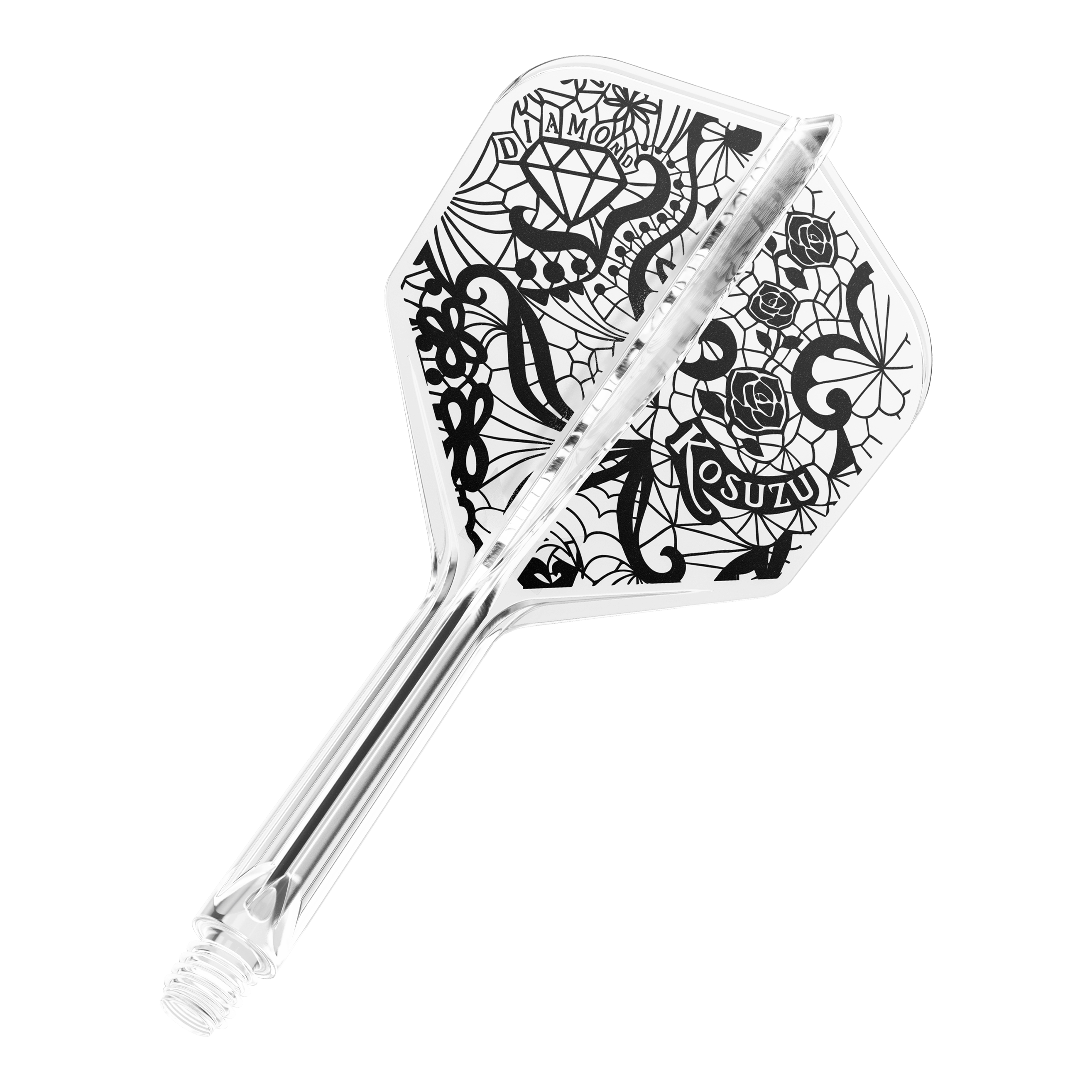 Systém Target Japan K-Flex Diamond No6 Flight Shaft System Dies ist ein transparenter Dartpfeil mit schwarzem, detailreichem Design auf der Flight-Fläche. Auf dem Flight sind unter anderem ein Diamant, Rosen und Schriftzüge zu sehen.