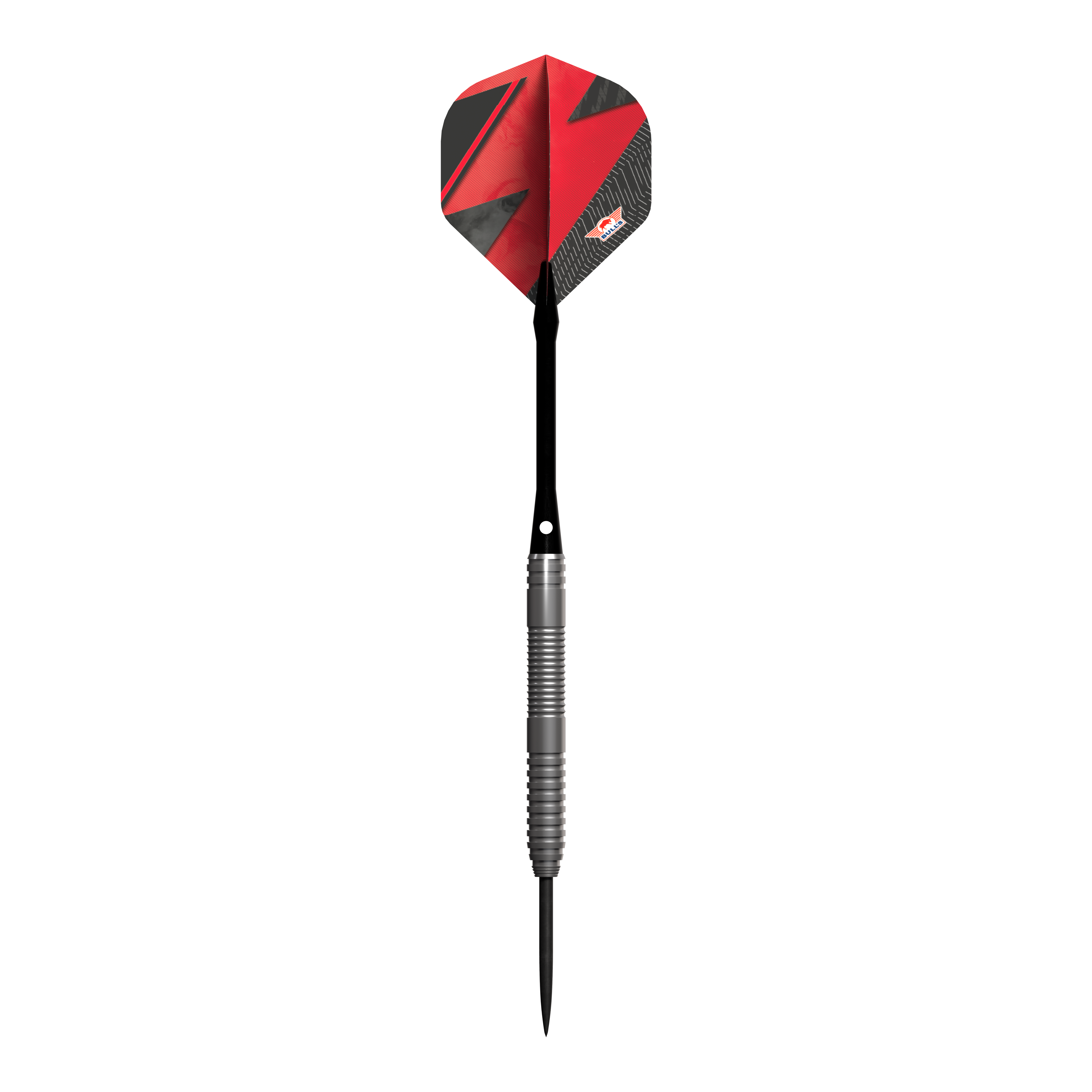 Das Bild zeigt einen Steeldart-Pfeil mit einem silbernen Griff und einer roten Flights. Der Pfeil trägt das Design und Logo der Marke Bulls NL Lightning Red.