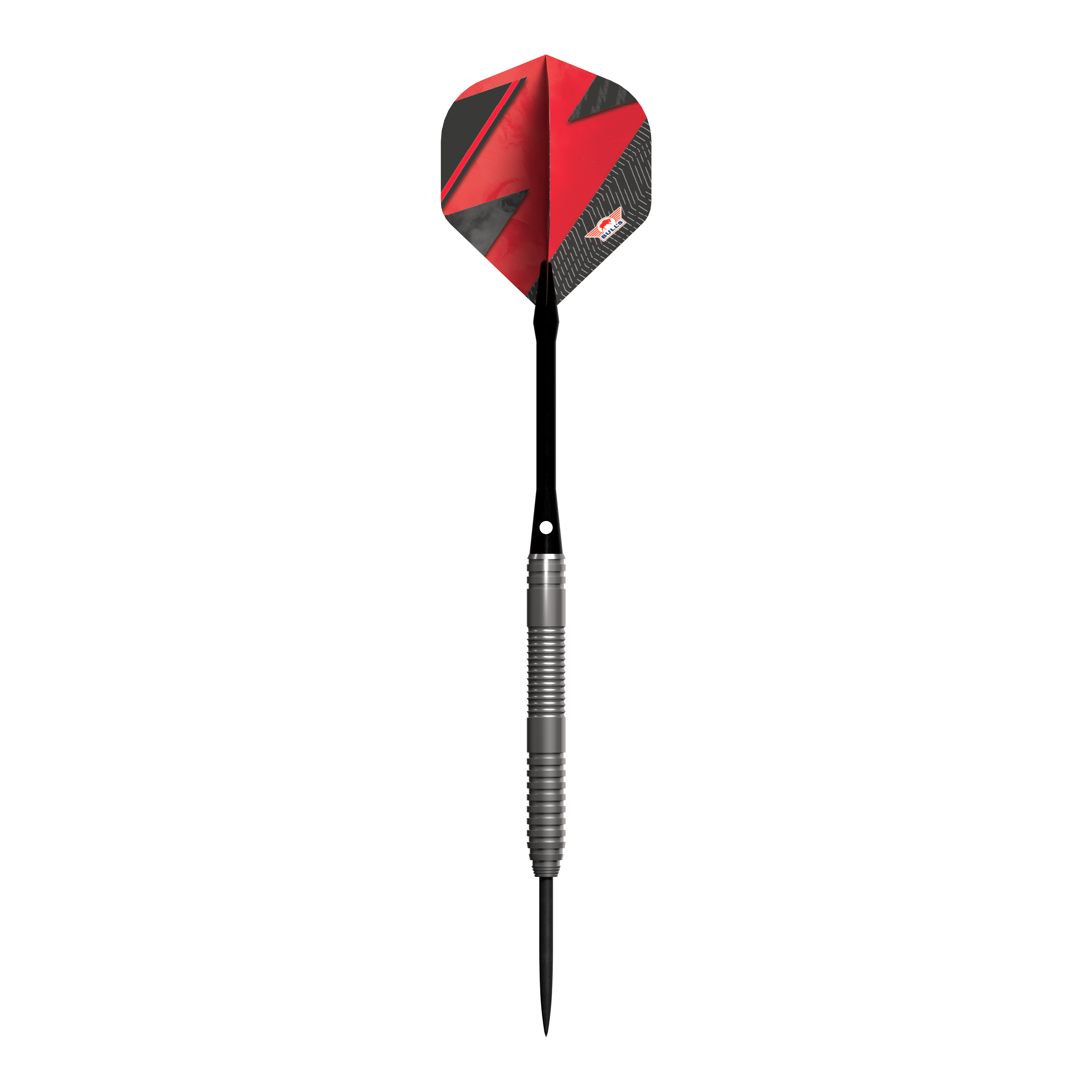 Ocelové šipky Bulls NL Lightning Red Das Bild zeigt einen Steeldart-Pfeil mit einem silbernen Griff und einer roten Flights. Der Pfeil trägt das Design und Logo der Marke Bulls NL Lightning Red.
