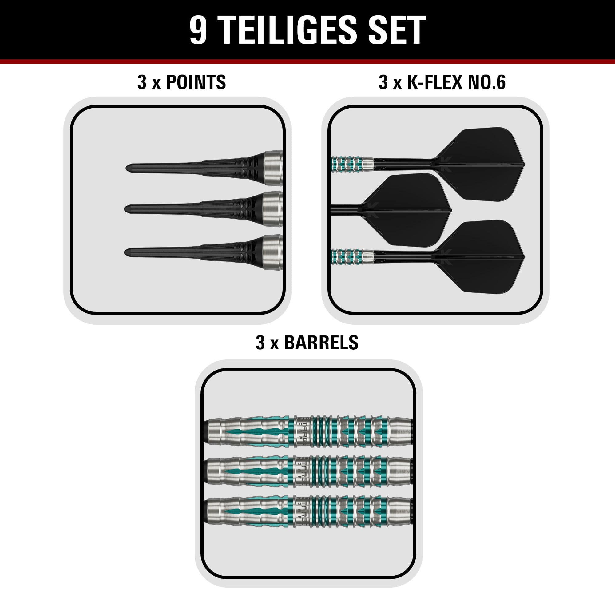 Měkké šipky Target Black Marque Pierce - 18,5 g Hier sind die Target Black Marque Pierce Softdarts mit 18,5g abgebildet. Die Darts sind speziell für hohe Präzision und Stil entwickelt.