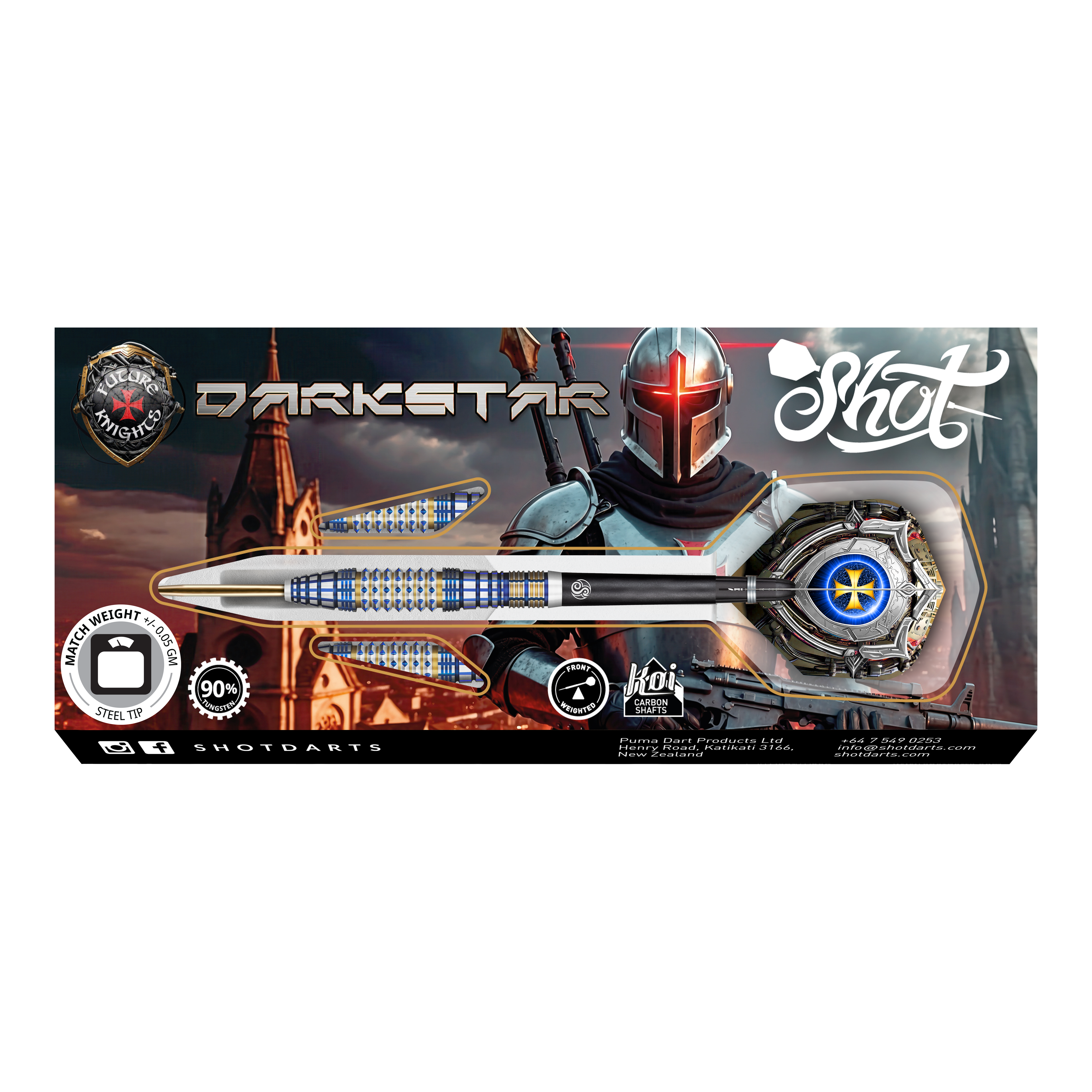 Das Bild zeigt die Verpackung der "Shot Future Knights Darkstar Steeldarts - 23g". Auf der Verpackung ist ein Dartpfeil zusammen mit einem futuristischen Ritter dargestellt.