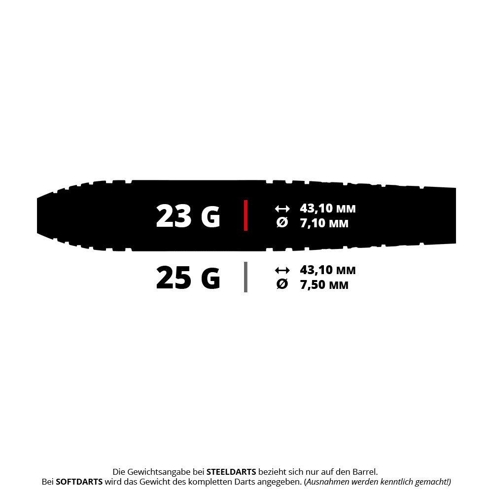 Ein Satz Steeldarts mit silbernen Spitzen und unterschiedlichen Griffmustern ist abgebildet. Es sind Red Dragon Luke Humphries TX5 Steeldarts mit einem Gewicht von 23g.