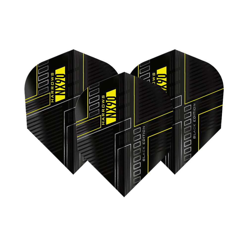 Harrows NX90 Black Edition č. 6 letek Das Bild zeigt drei schwarze Dart-Flights mit dem Namen "Harrows NX90 Black-Edition No6". Die Flights haben ein modernes Design mit gelben Linien und Schriftzügen.