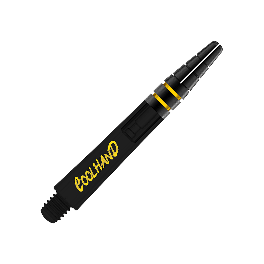 Red Dragon Nitrotech Luke Humphries Coolhand shafty - černé Das Bild zeigt einen schwarzen Dart-Schaft mit gelben Akzenten. Auf dem Schaft steht das Wort "COOLHAND" in gelber Schrift.