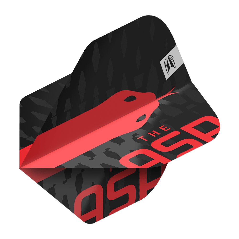 Target Pro Ultra Nathan Aspinall No2 Standard Flights - 3 sady Das Bild zeigt ein Dart-Flight mit einem schwarzen und roten Design sowie der Aufschrift „THE ASP“. Auf dem Flight ist eine stilisierte rote Schlange abgebildet.