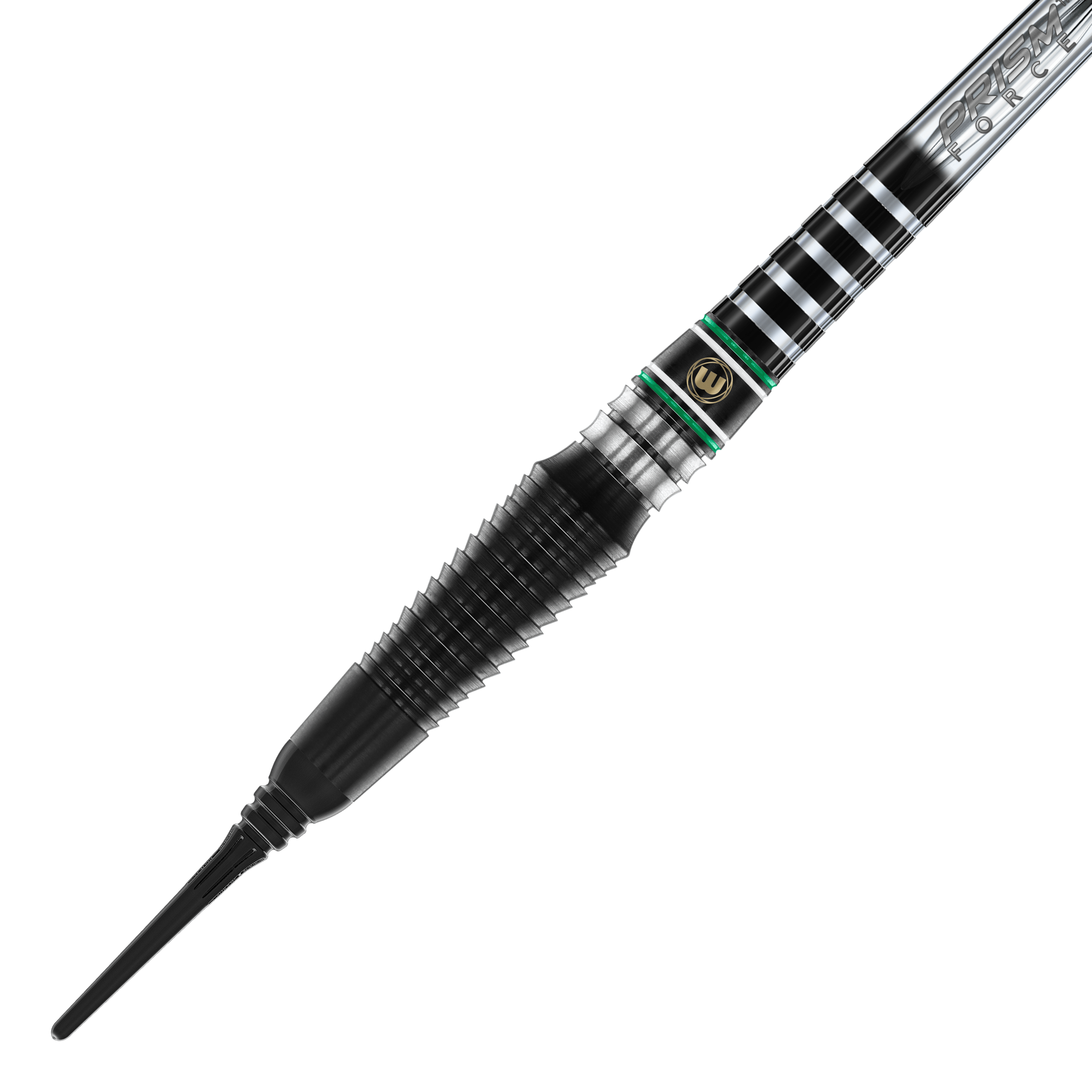 Měkké šipky Winmau Sniper Black 2025 - 20g Auf dem Bild ist ein Winmau Sniper Black 2025 Softdart mit einem Gewicht von 20g zu sehen. Der Dart hat ein modernes, schwarzes Design mit silbernen und grünen Akzenten.