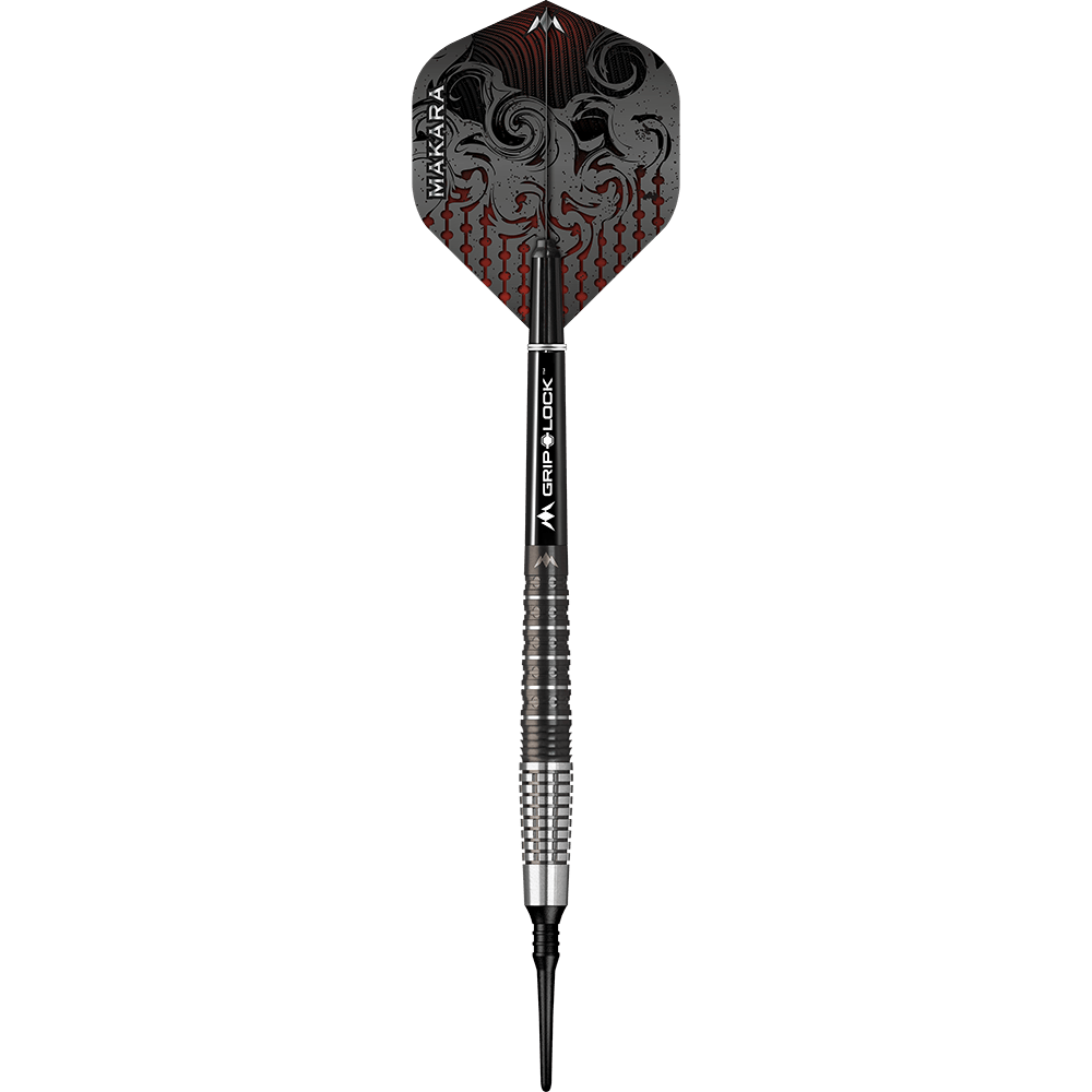 Měkké šipky Mission Makara M2 - 20g Das Bild zeigt einen Mission Makara M2 Softdart mit einem Gewicht von 20g. Der Dart hat ein auffälliges Flight-Design in Schwarz und Rot sowie eine geriffelte silber-schwarze Griffzone.