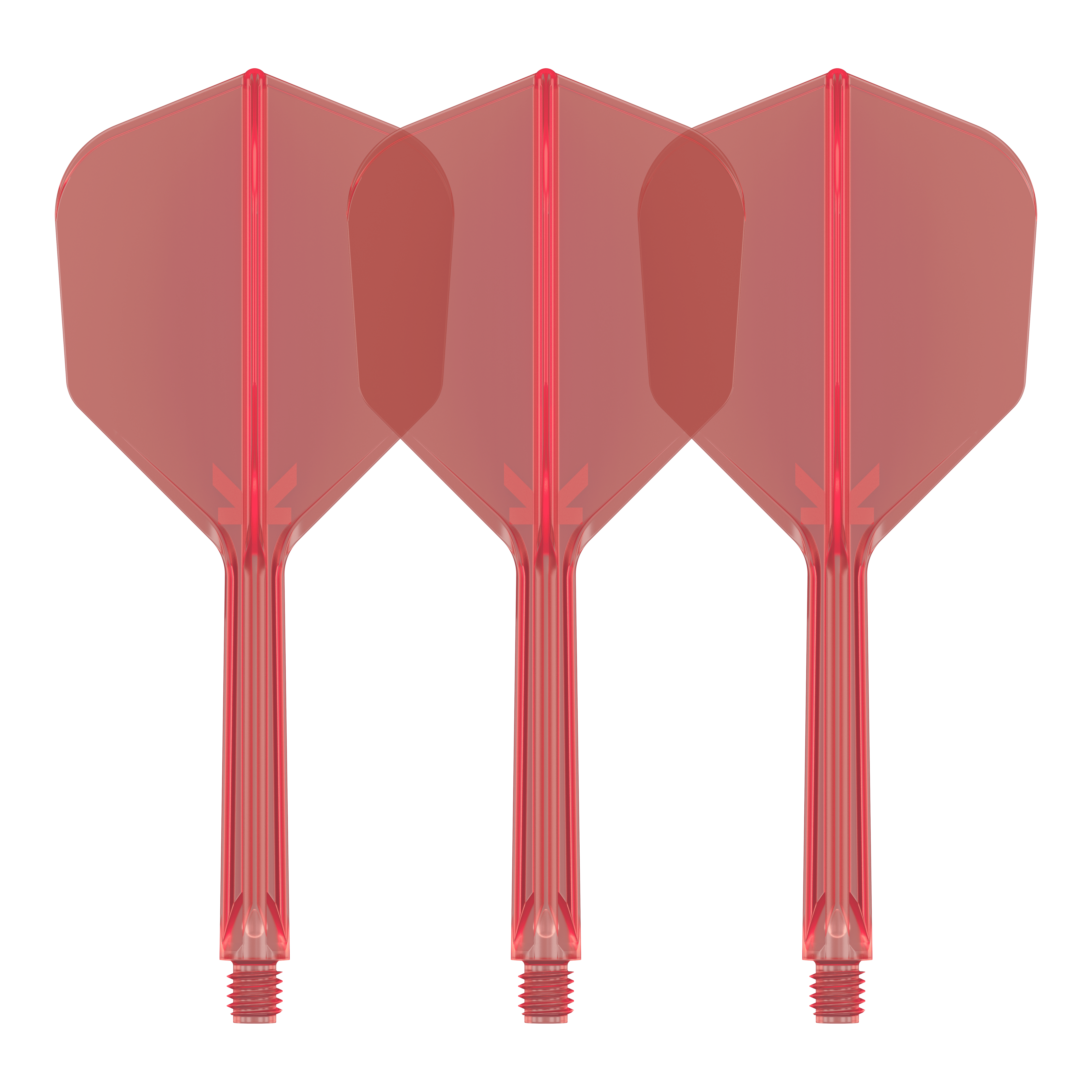Letový systém Target K-Flex No6 - červený Auf dem Bild sind drei rote Dart-Flights mit integrierten Schäften zu sehen. Sie stehen nebeneinander und sind identisch gestaltet.