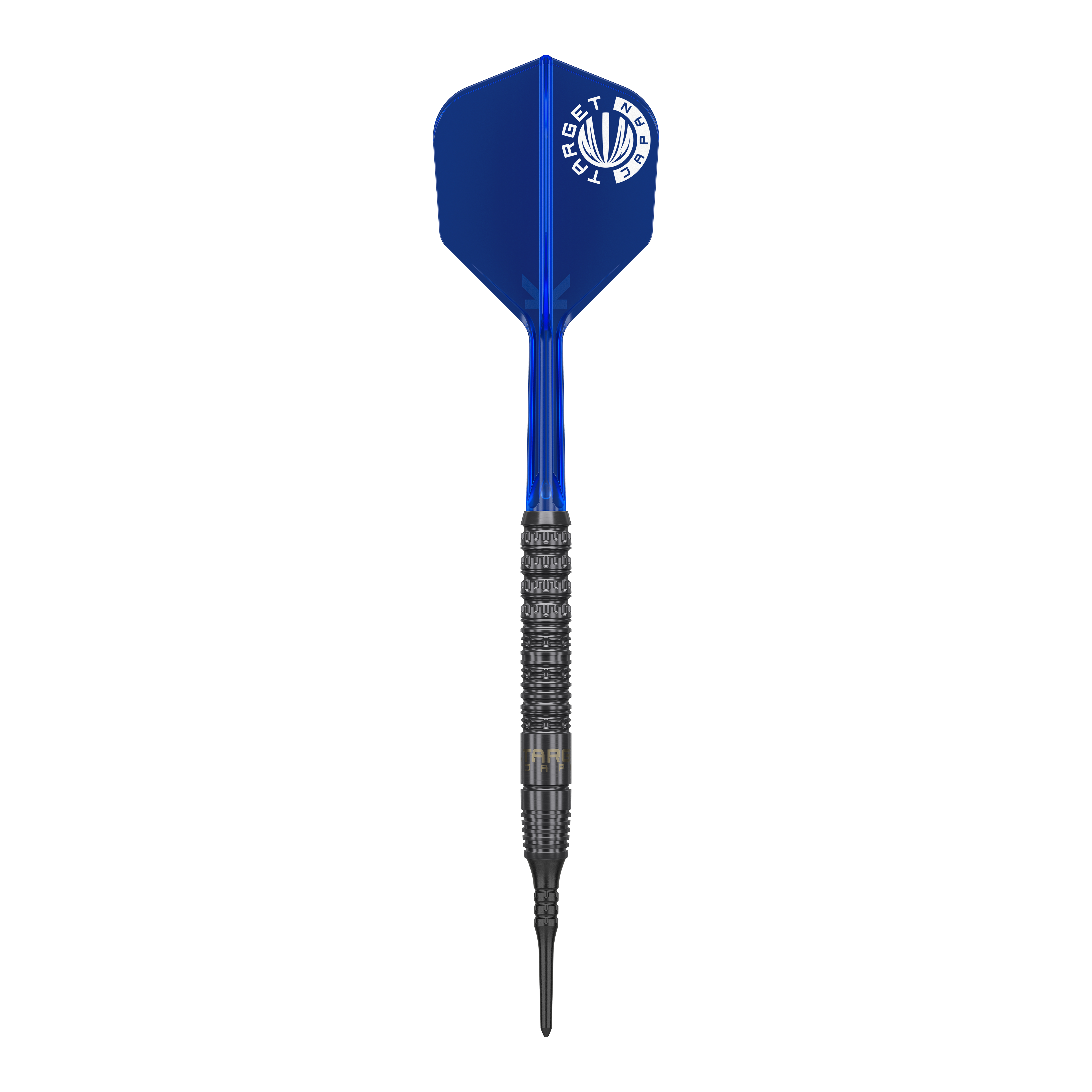 Das Bild zeigt einen Softdart mit einem strukturierten schwarzen Barrel und einer blauen Flights mit weißem Aufdruck. Es handelt sich um das Produkt "Target Japan Toru Suzuki Sereno GEN1 Max Softdarts - 21g".