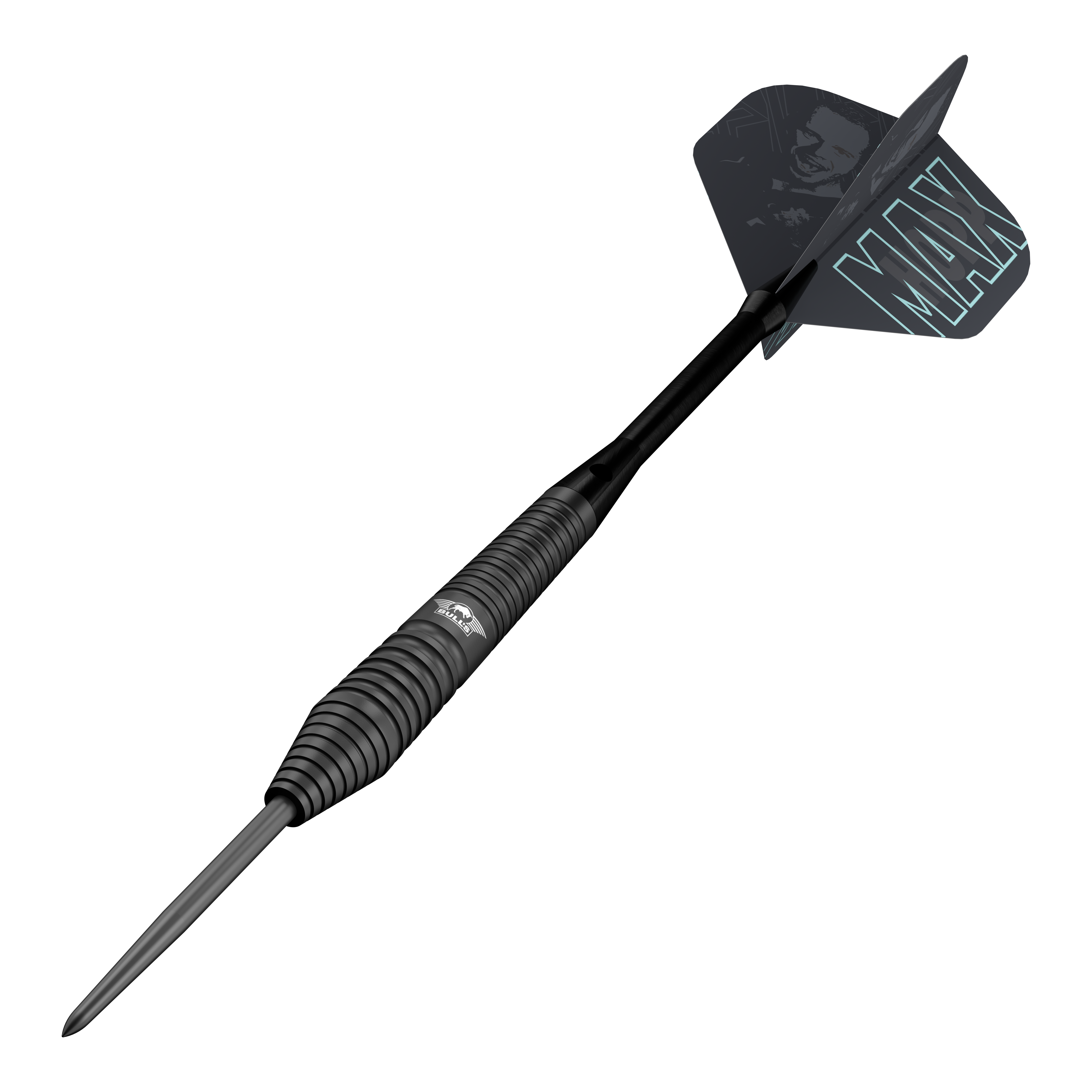 Auf diesem Bild sind die Bulls NL Max Hopp Black Steeldarts abgebildet. Diese Darts sind speziell für anspruchsvolle Spieler entwickelt.