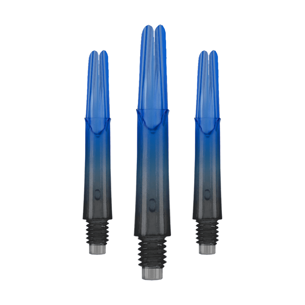 Dvoubarevné shafty L-Style s uzamčeným rovným shaftem Natural9 - modré Das Bild zeigt drei gerade Dartschäfte mit einem Farbverlauf von Schwarz zu Blau. Sie haben Gewinde am unteren Ende und sind ohne Kappen abgebildet.