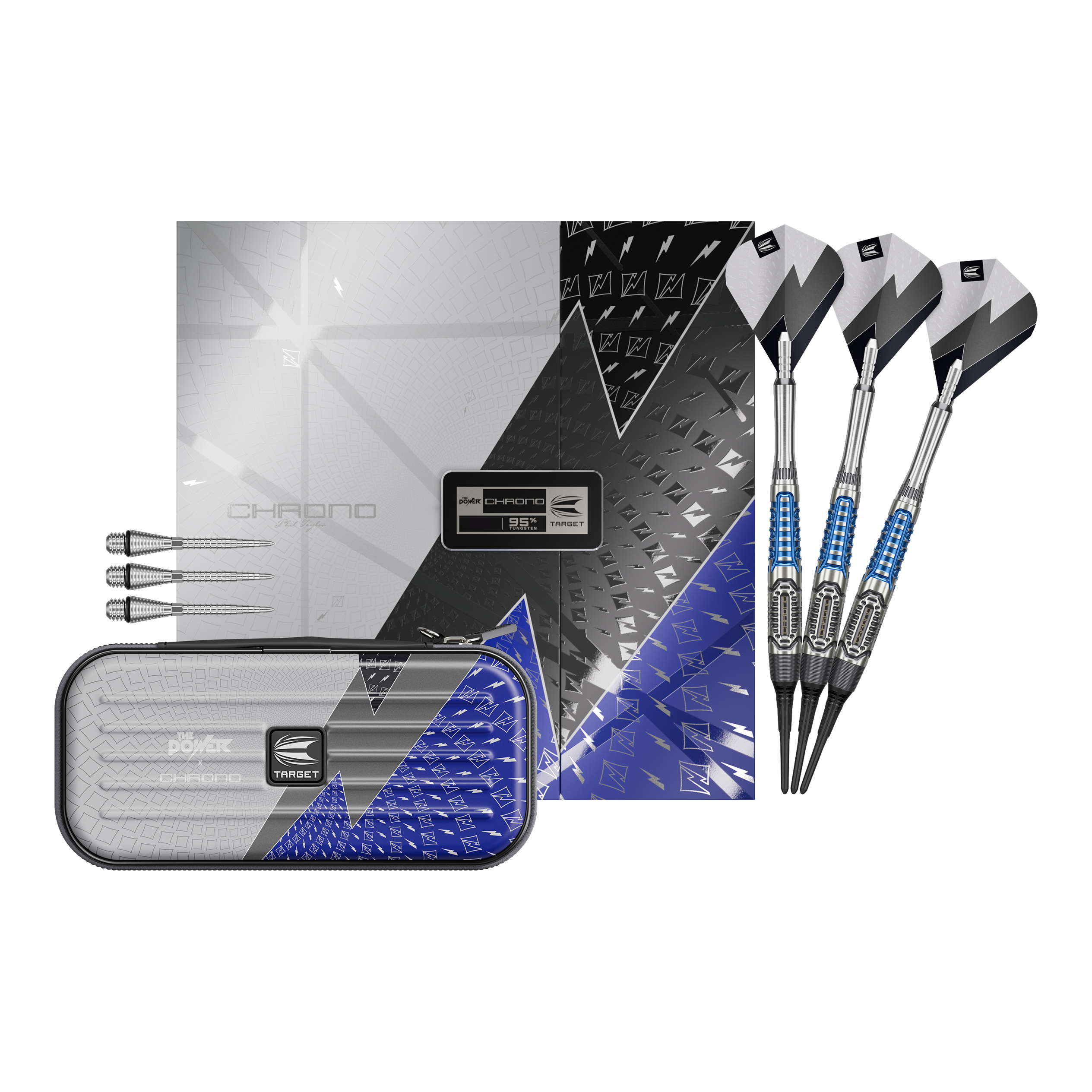 Měkké šipky Target Phil Taylor Power X Chrono Hier sieht man die Target Phil Taylor Power X Chrono Softdarts. Die Softdarts sind vollständig dargestellt und zeigen das gesamte Set.