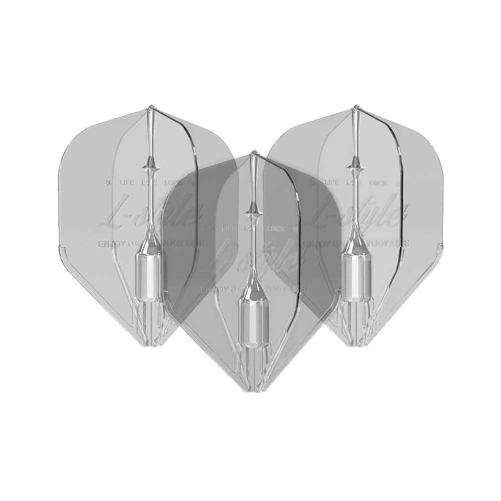 Lety Fantom L1EZ ve stylu L Clear Das Bild zeigt drei transparente Dartflights des Modells "L-Style Fantom L1EZ Flights Clear". Die Flights sind klar und haben eine klassische Pfeilform.