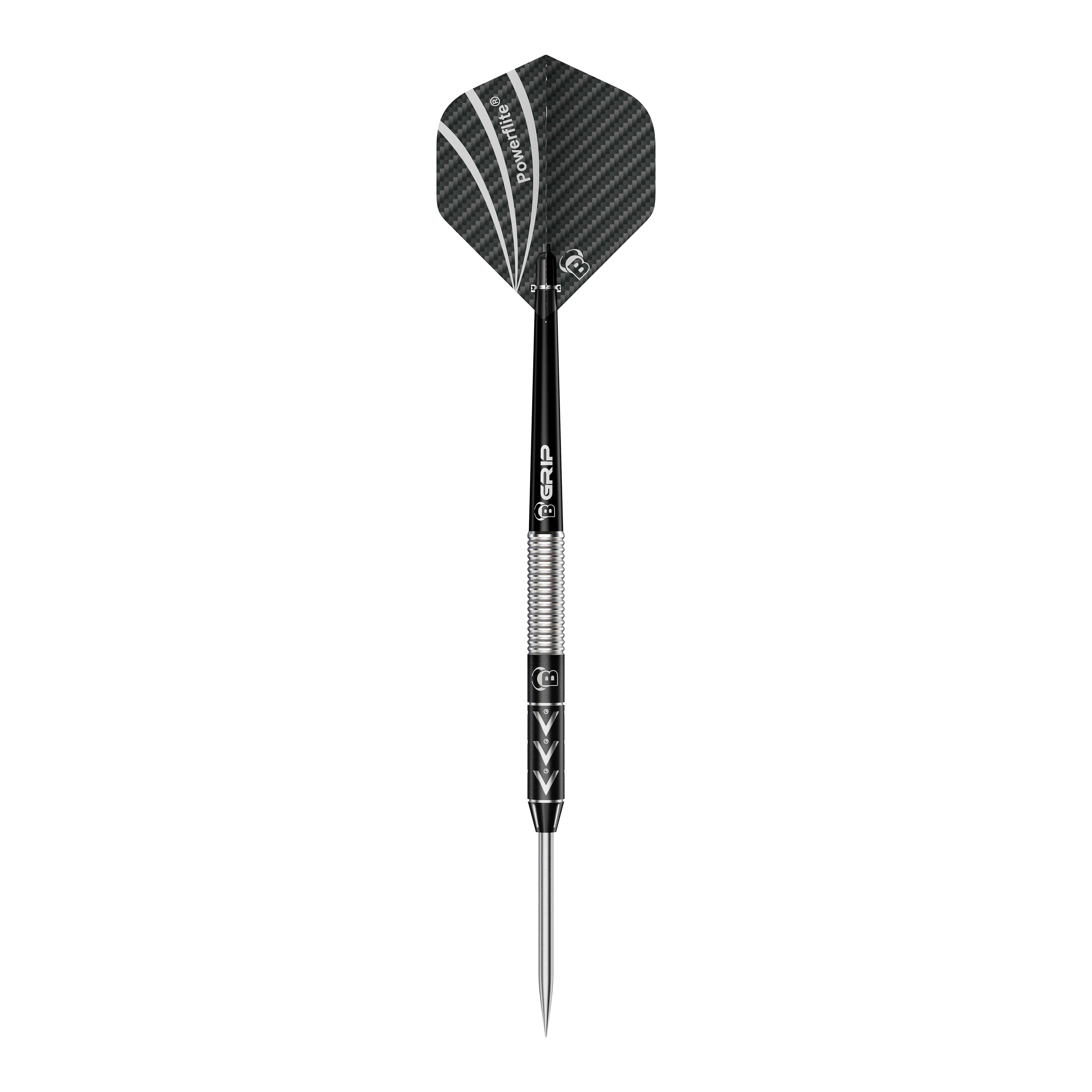 Bulls Challenger Arno Merk ocelové šipky - 22g Das Bild zeigt einen Steeldart namens "Bulls Challenger Arno Merk Steeldarts - 22g". Der Dartpfeil ist schwarz-silber und hat ein modernes Design mit strukturiertem Schaft und schwarzer Flight.