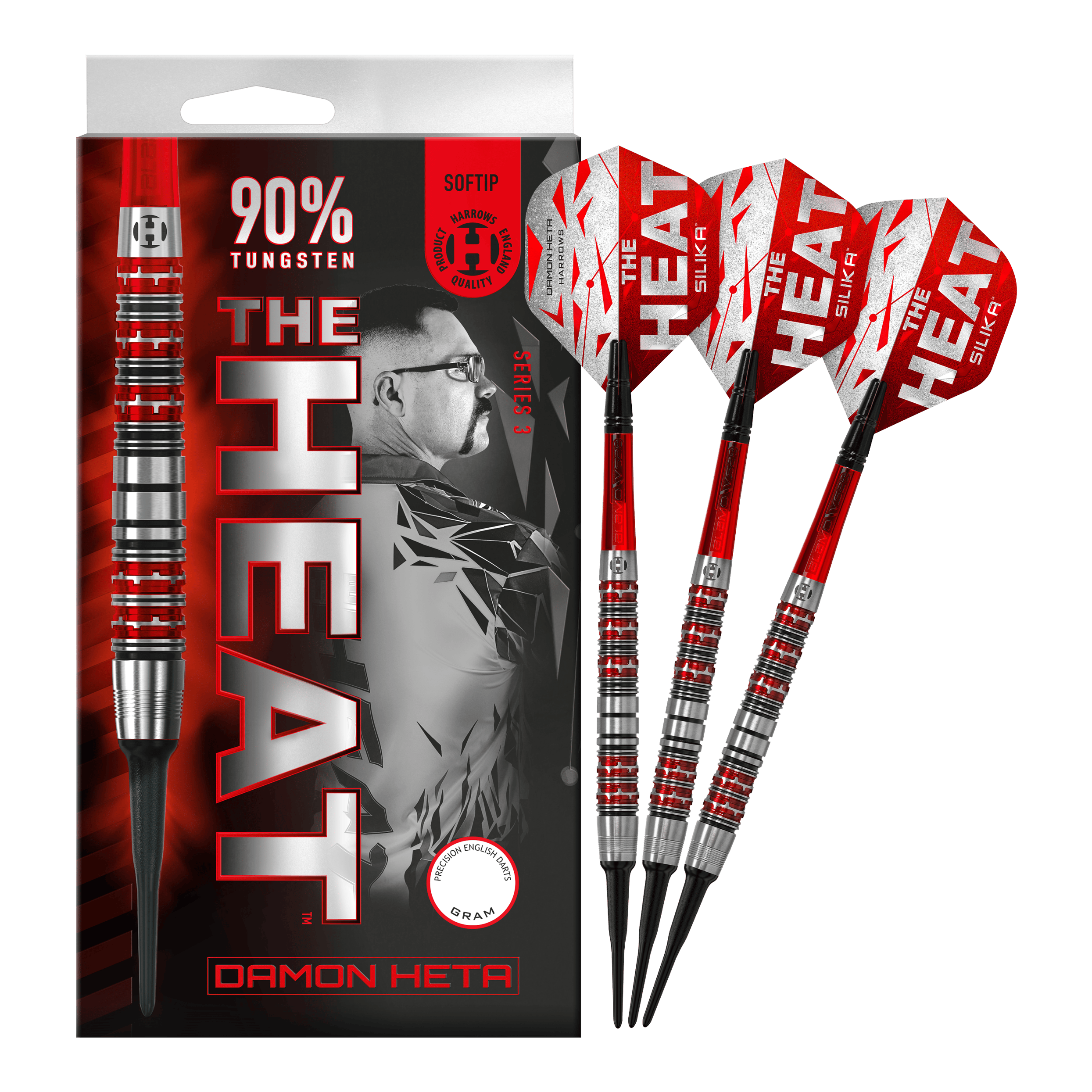 Měkké šipky Harrow's Damon Heta Series 3 Das Bild zeigt eine Packung Harrows Damon Heta Series 3 Softdarts mit drei Darts daneben. Die Darts sind silber und rot, und auf der Verpackung steht "THE HEAT" sowie "90% Tungsten".