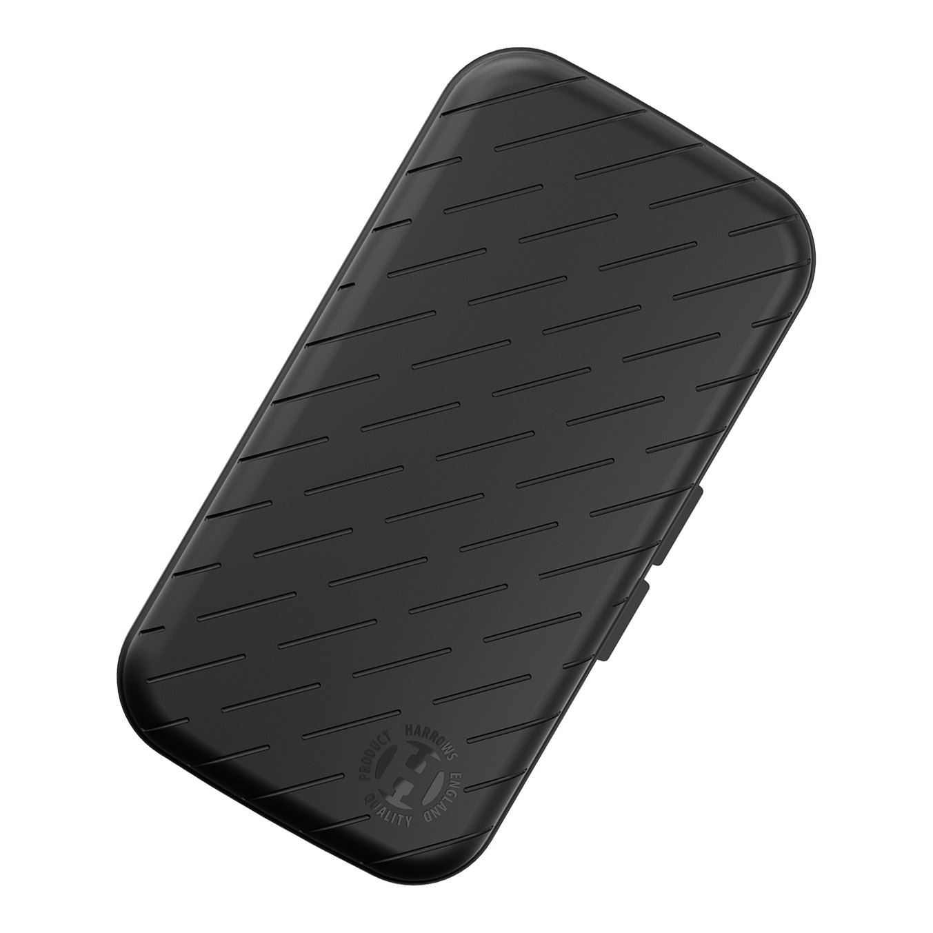 Pouzdro na šipky Harrows Slimcase Dies ist ein schlankes, schwarzes Etui mit schrägen Linien auf der Oberfläche. In der Ecke befindet sich ein rundes Harrows-Logo.