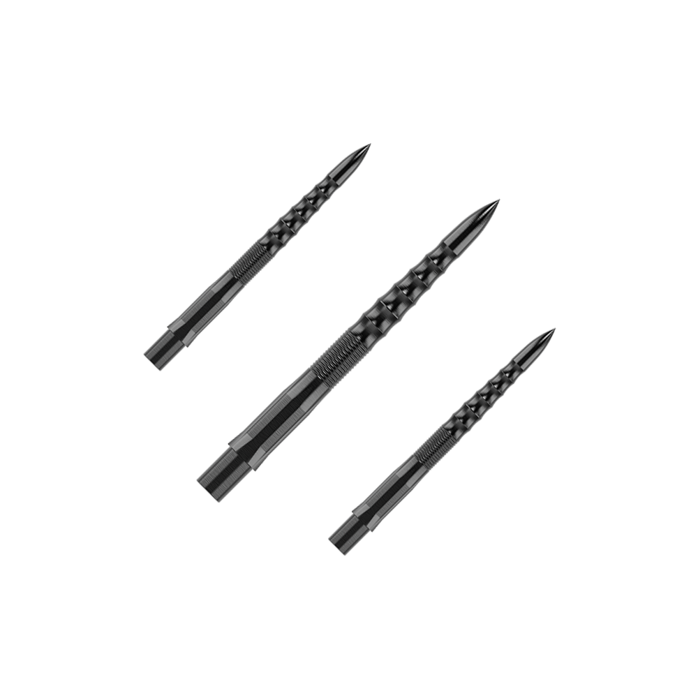 Špičky na šipky Mission Caliburn EVO - Ripple - černé Auf dem Bild sind drei schwarze Steeldartspitzen mit einem geriffelten Muster zu sehen. Sie sind als Set angeordnet und haben eine Länge von 26 mm.