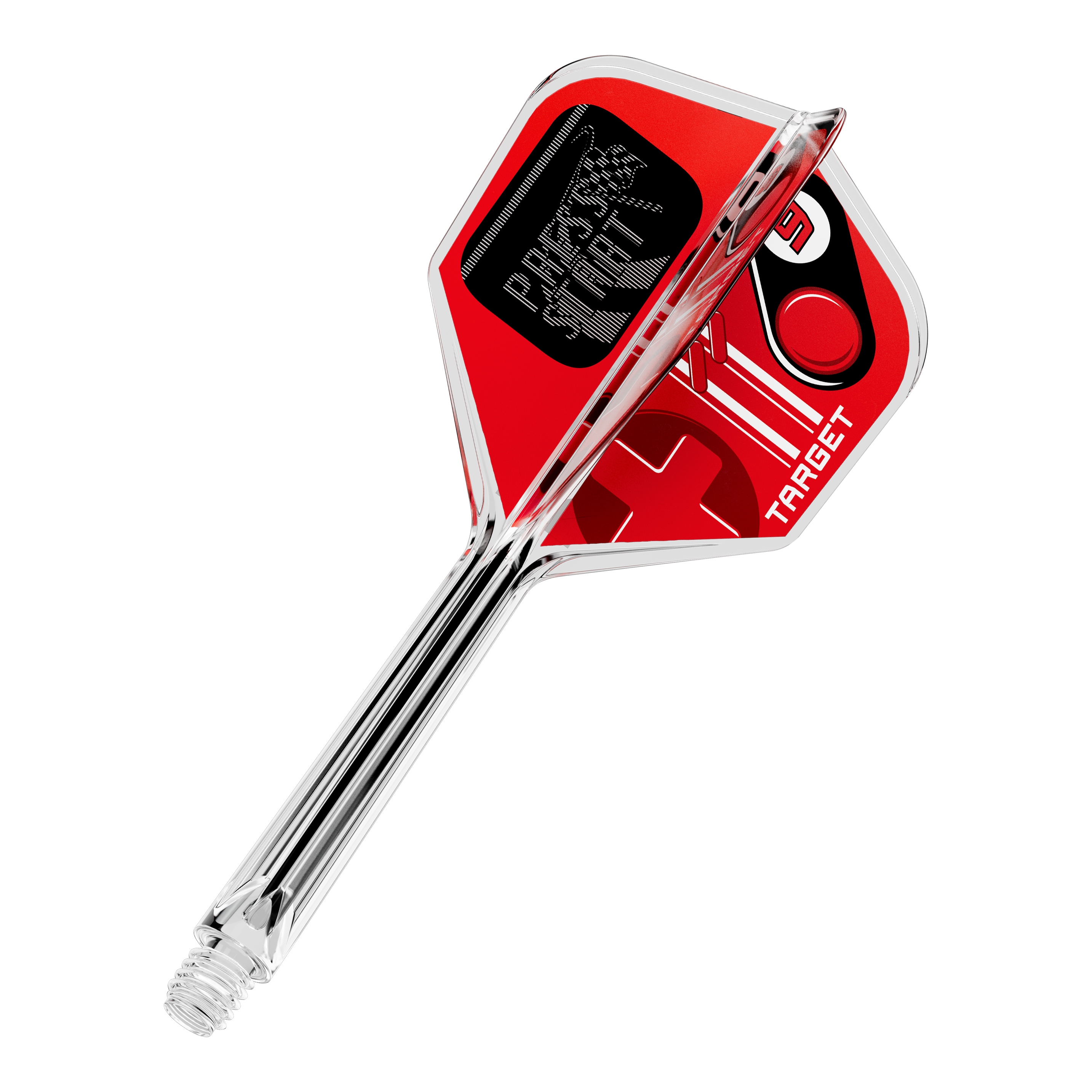 Gezeigt wird ein einzelner Dart Flight mit dem Namen 410584 Target K-Flex PressStart No6 33mm. Dieses Produkt dient als Aufsatz für Dartpfeile.