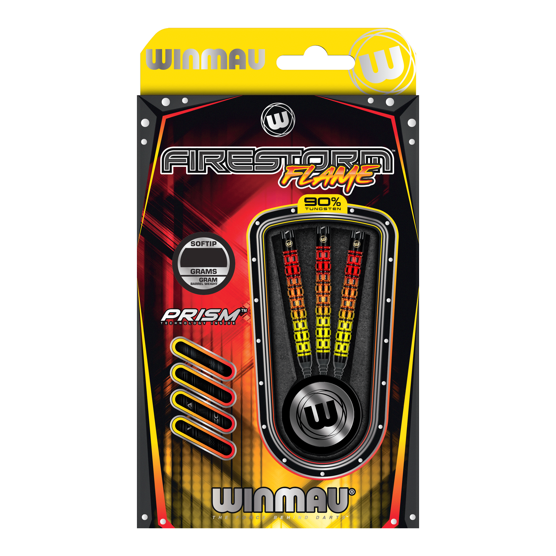 Šipky Winmau Firestorm Flame Parallel Softdarts - 20g Das Bild zeigt eine Verpackung der "Winmau Firestorm Flame Parallel Softdarts - 20g". In der Packung befinden sich drei farbenfrohe Softdarts mit 90% Tungsten-Anteil.