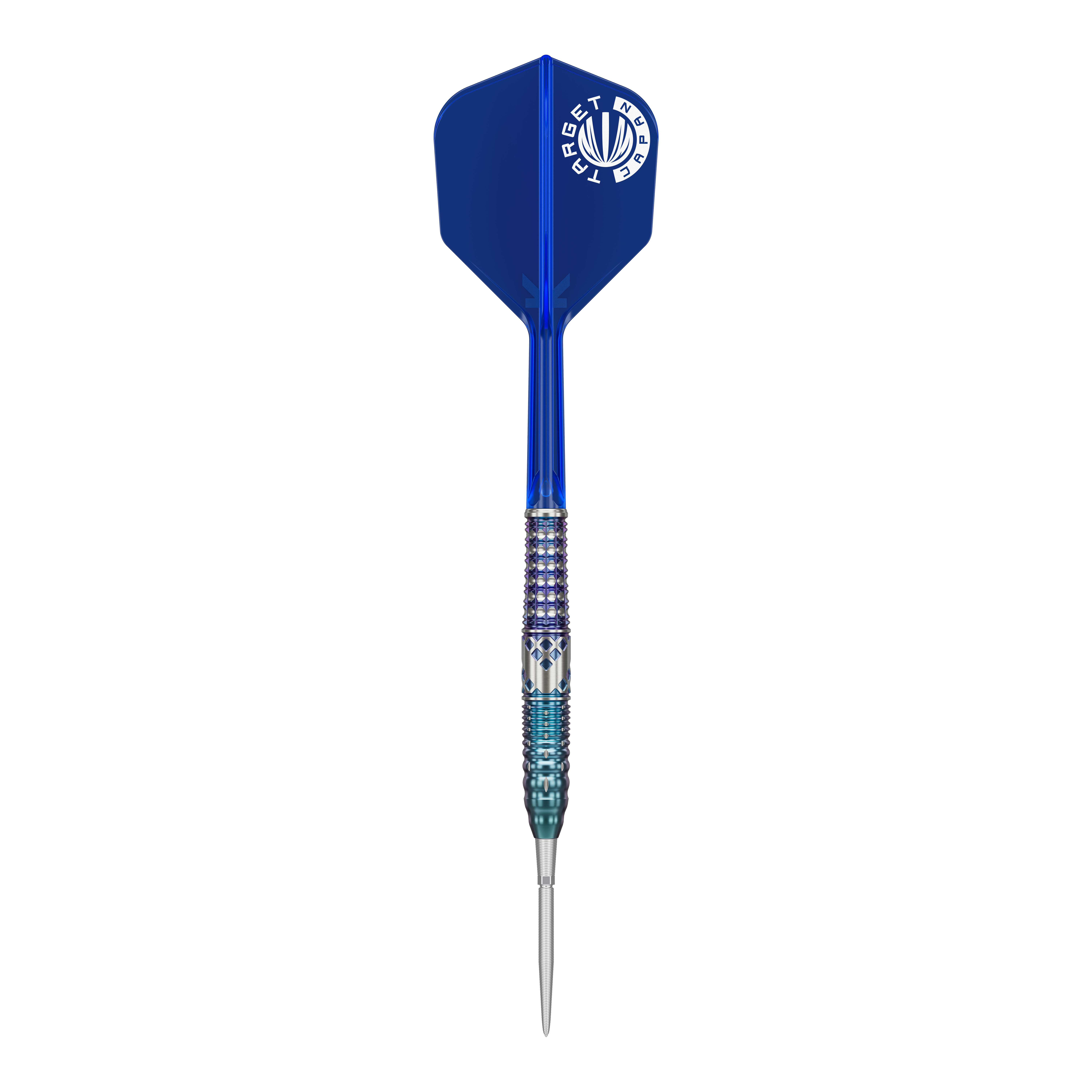 Das Bild zeigt einen hochwertigen Steeldartpfeil mit blauen Flights und silber-blauem Griff. Es handelt sich um das Produkt "Target Japan Cathy Leung Charis GEN5 SP Steeldarts - 22g".