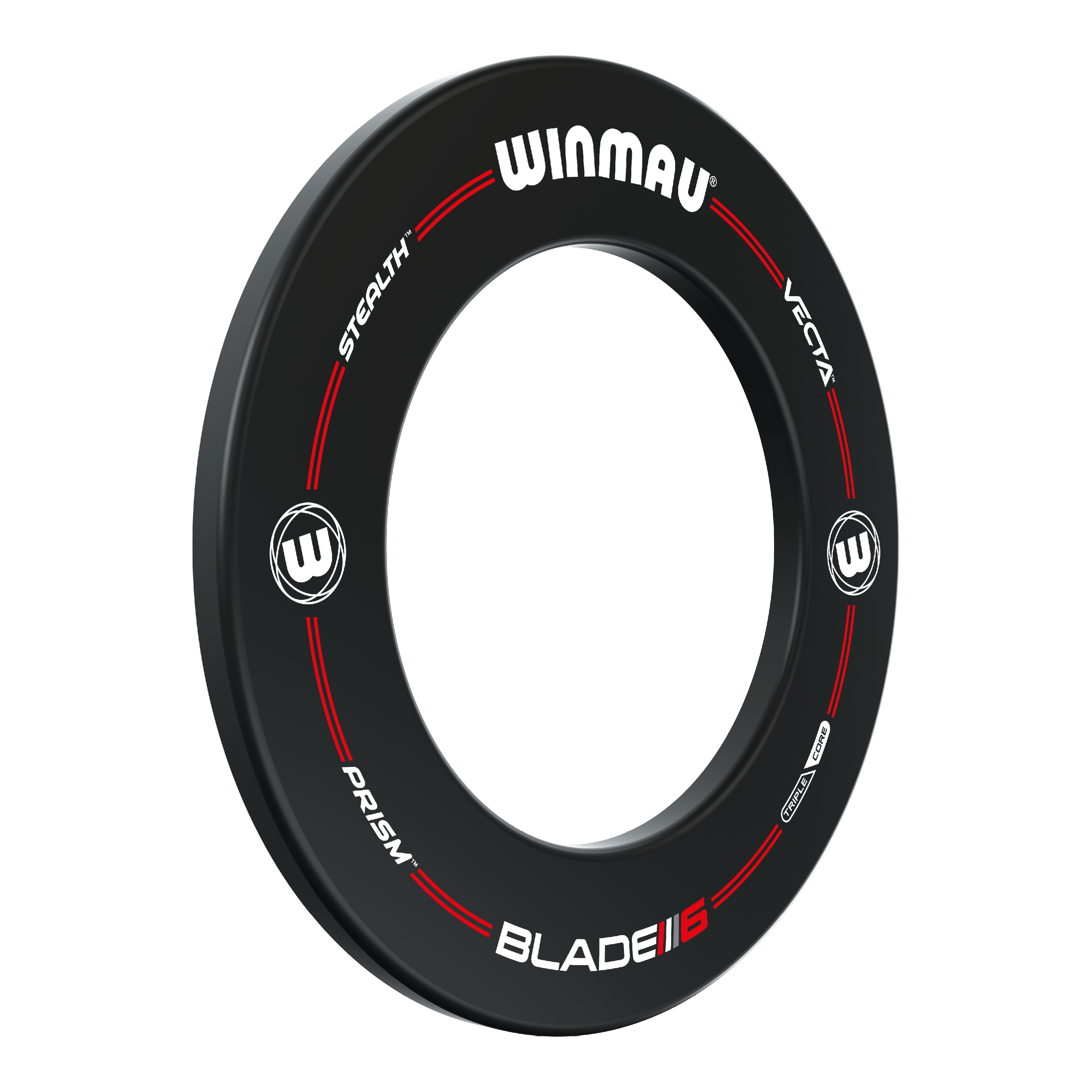 Winmau Pro-Line Blade 6 Dartboard Surround Das Bild zeigt das Produkt "Winmau Pro-Line Blade 6 Dartboard Surround". Es ist ein schwarzer Dartboard-Surround mit weißen und roten Aufdrucken.