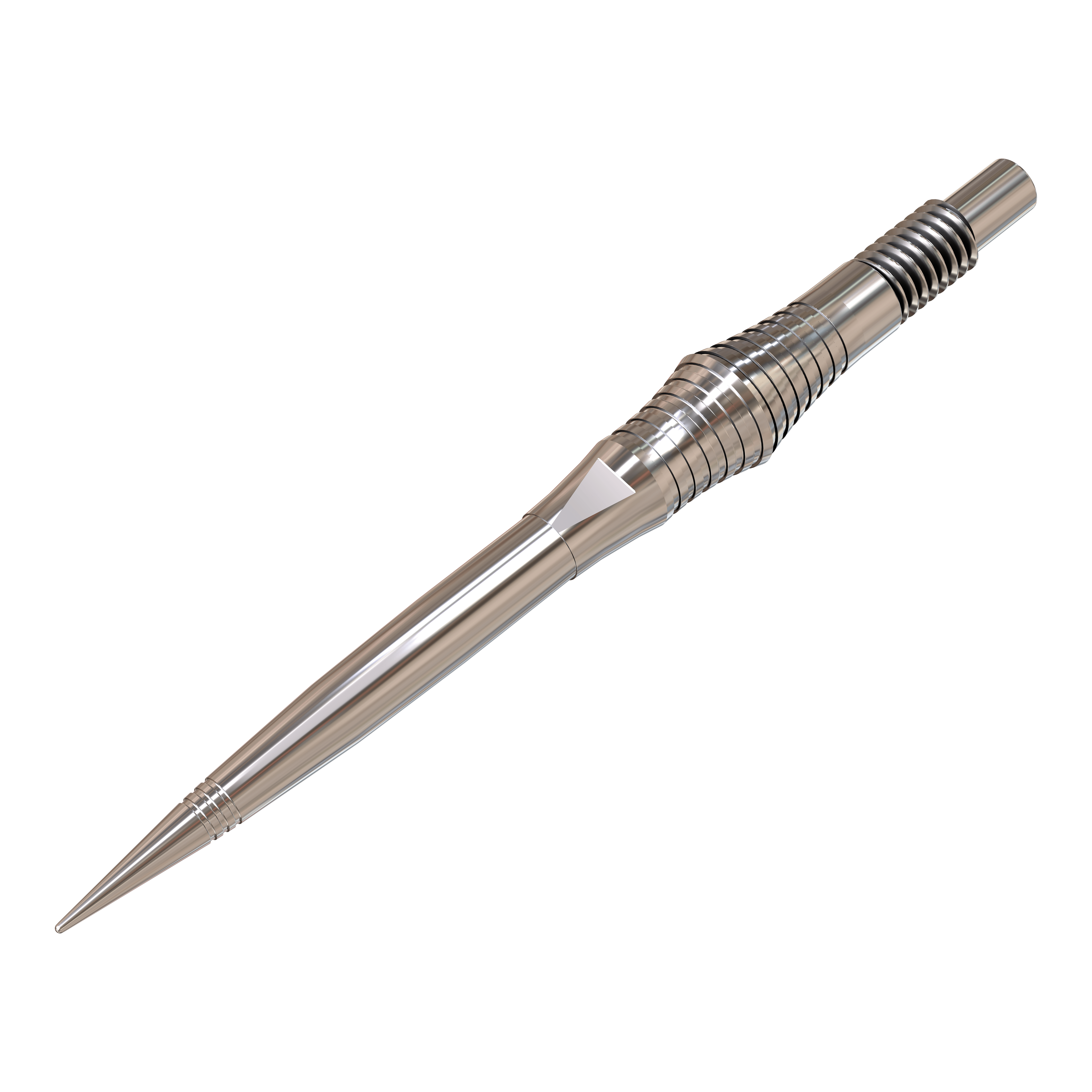 Špičky na šipky Harrows Quick Point Spire Elite Series - stříbrné Auf dem Bild sind einzelne silberne Dartspitzen zu sehen. Sie sind groß abgebildet und deutlich dargestellt.