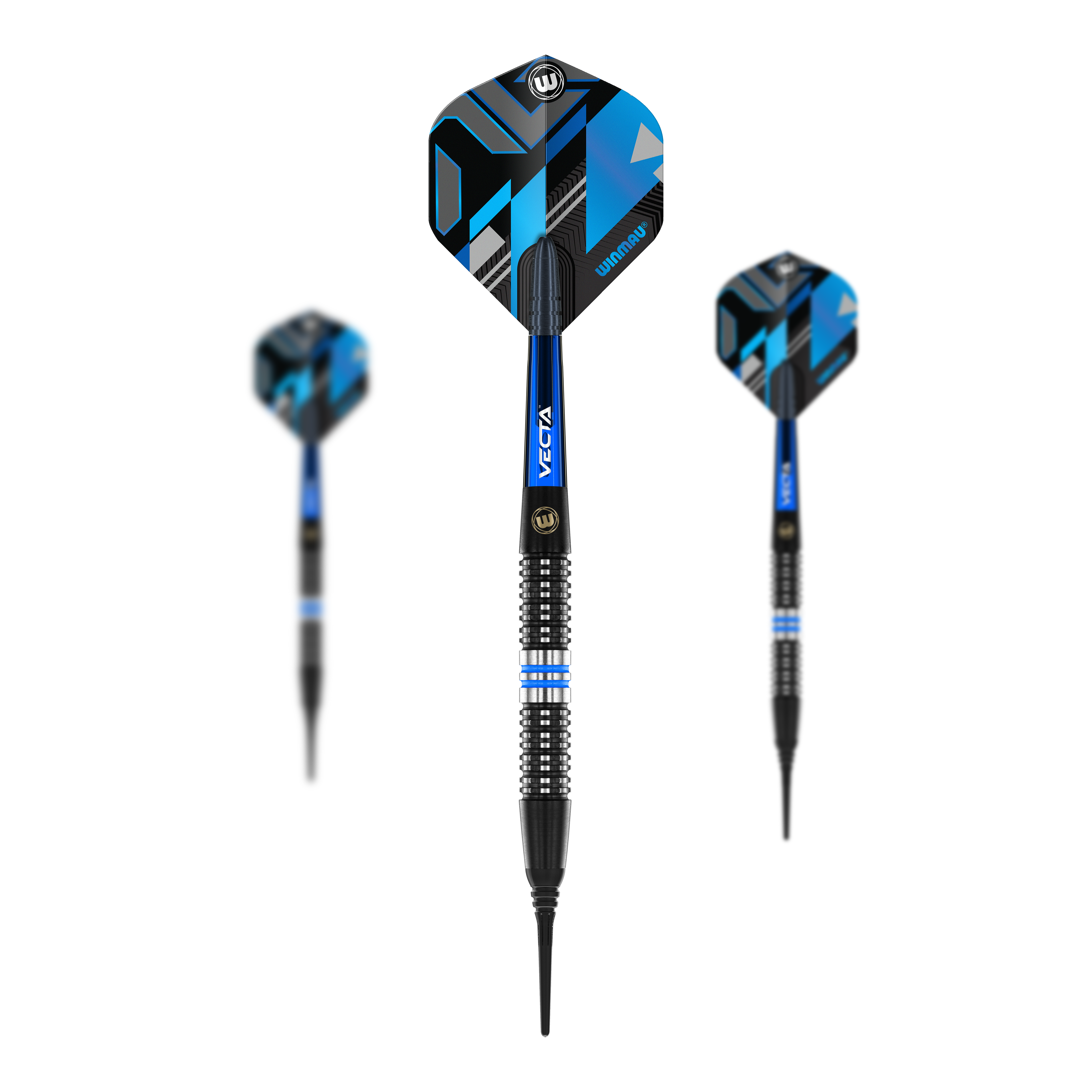 Měkké šipky Winmau Galactics - 20g Das Bild zeigt drei Winmau Galactics Softdarts mit einem Gewicht von 20g. Die Darts haben ein modernes Design in Blau und Schwarz mit markanten Linien auf den Flights.