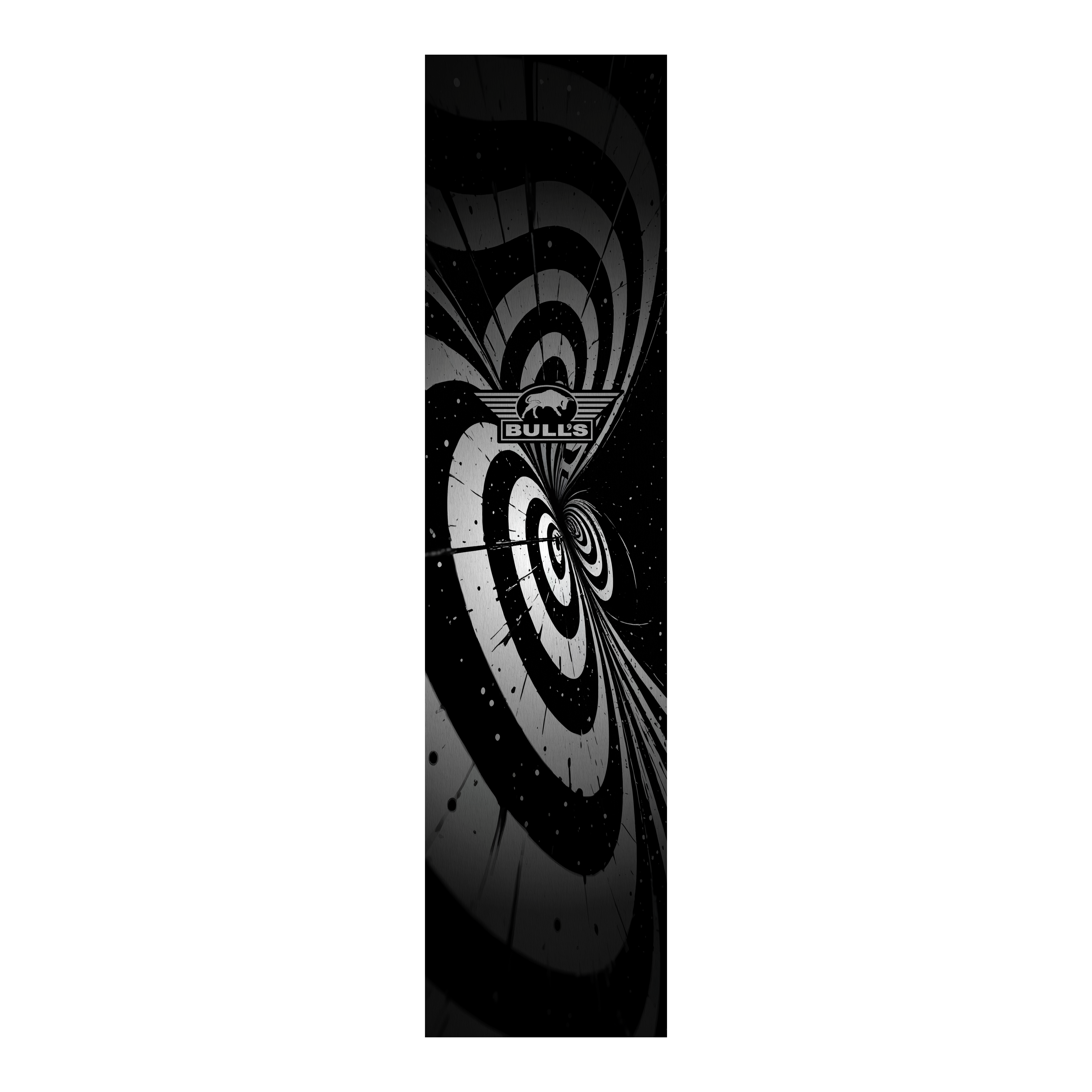 Das Bild zeigt einen schwarz-weißen Dartteppich mit einem auffälligen Illusionsmuster. In der Mitte befindet sich das Logo von BULL'S.