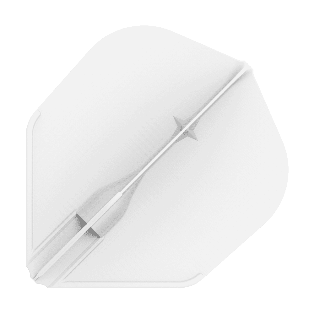 Lety L-L-Style3EZ Das Bild zeigt ein weißes Dartflight in einer einfachen, geometrischen Form. In der Mitte verläuft ein feiner, strukturierter Streifen mit einem kleinen Sternmotiv.