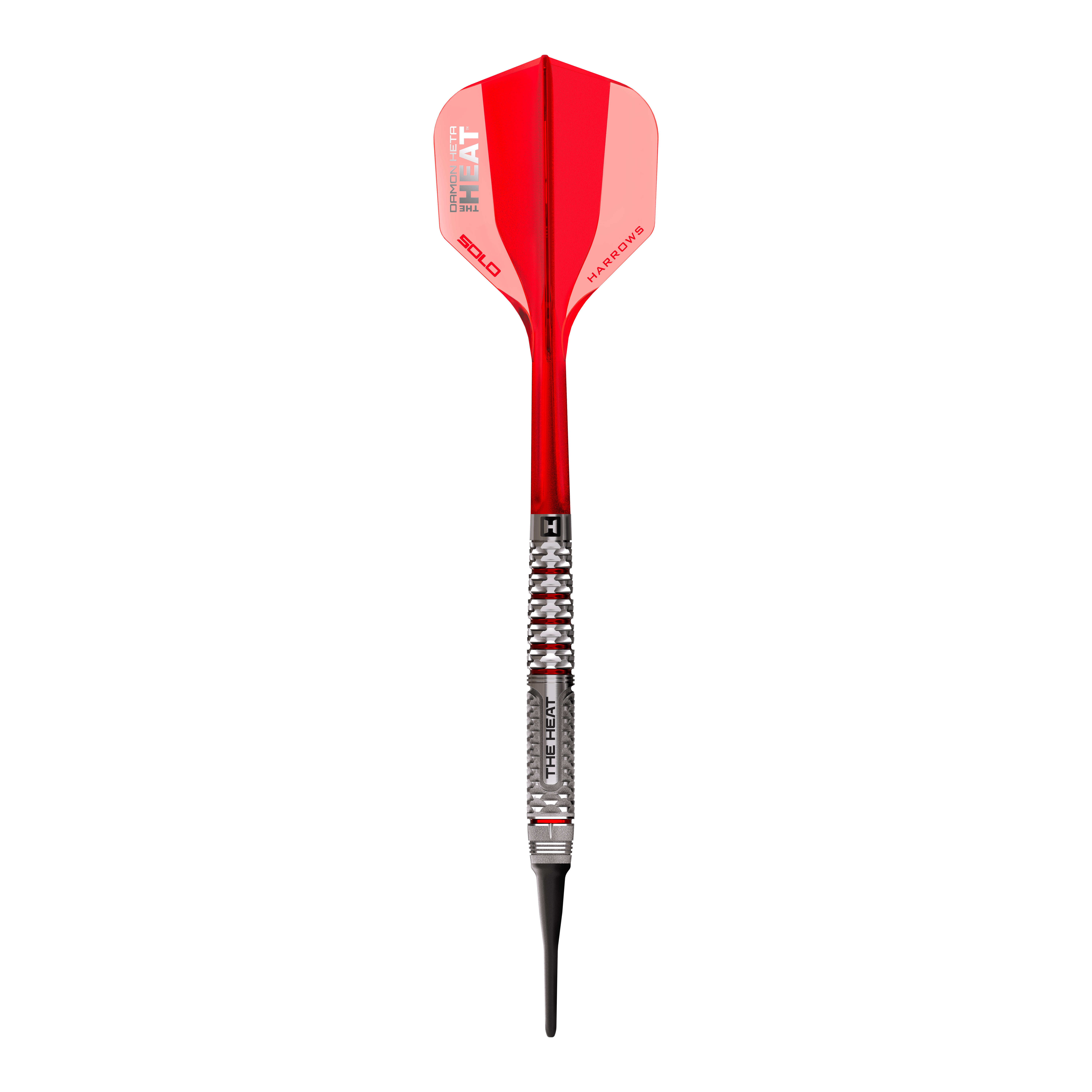 Harrows Damon Heta Geo Softdarts mit 18g sind einzeln zu sehen. Die Darts sind metallisch gehalten.