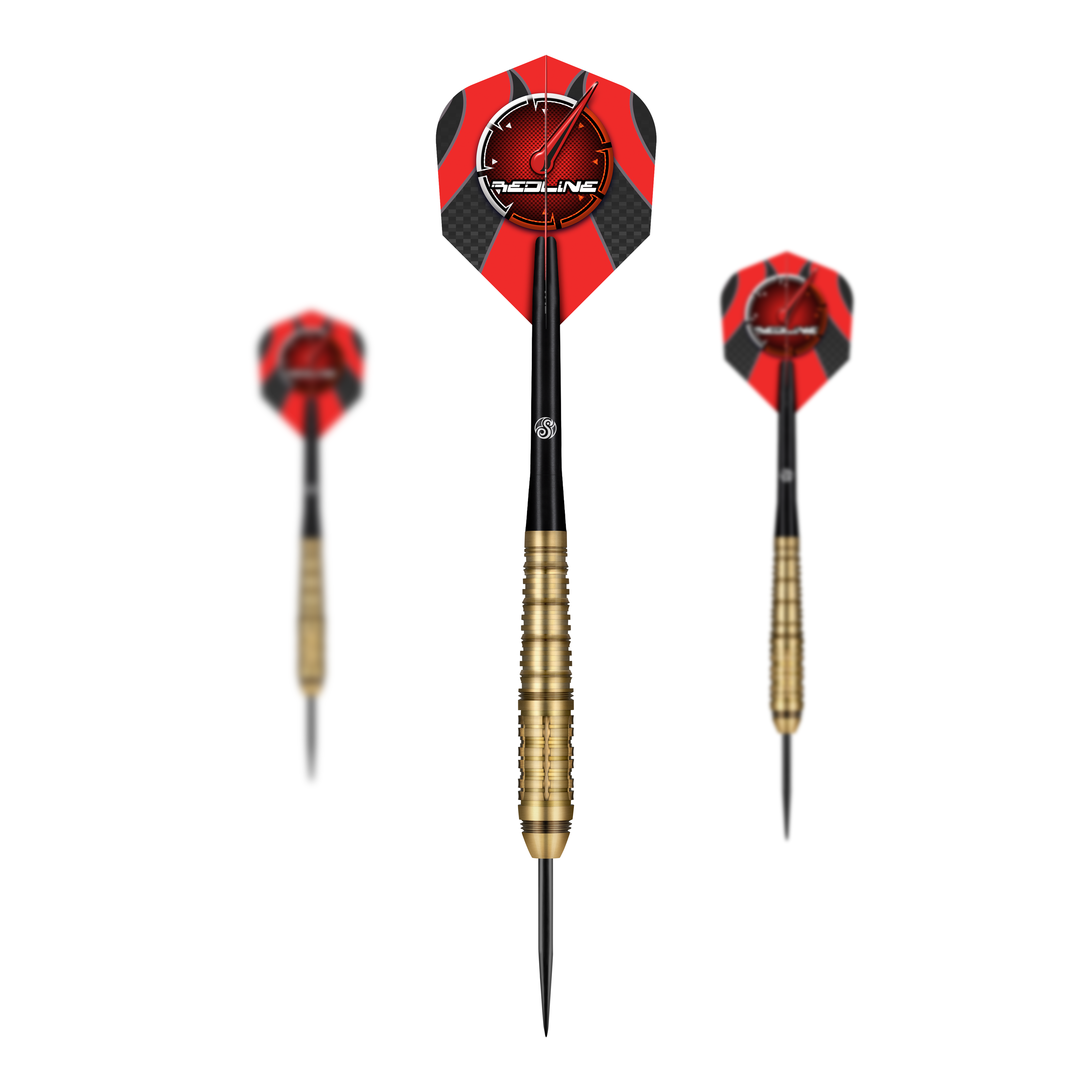 Ocelové šipky Shot Redline Mach 1 Das Bild zeigt drei Steeldarts des Produkts "Shot Redline Mach 1". Die Darts haben rote Flights mit einem Logo und goldene Griffe.