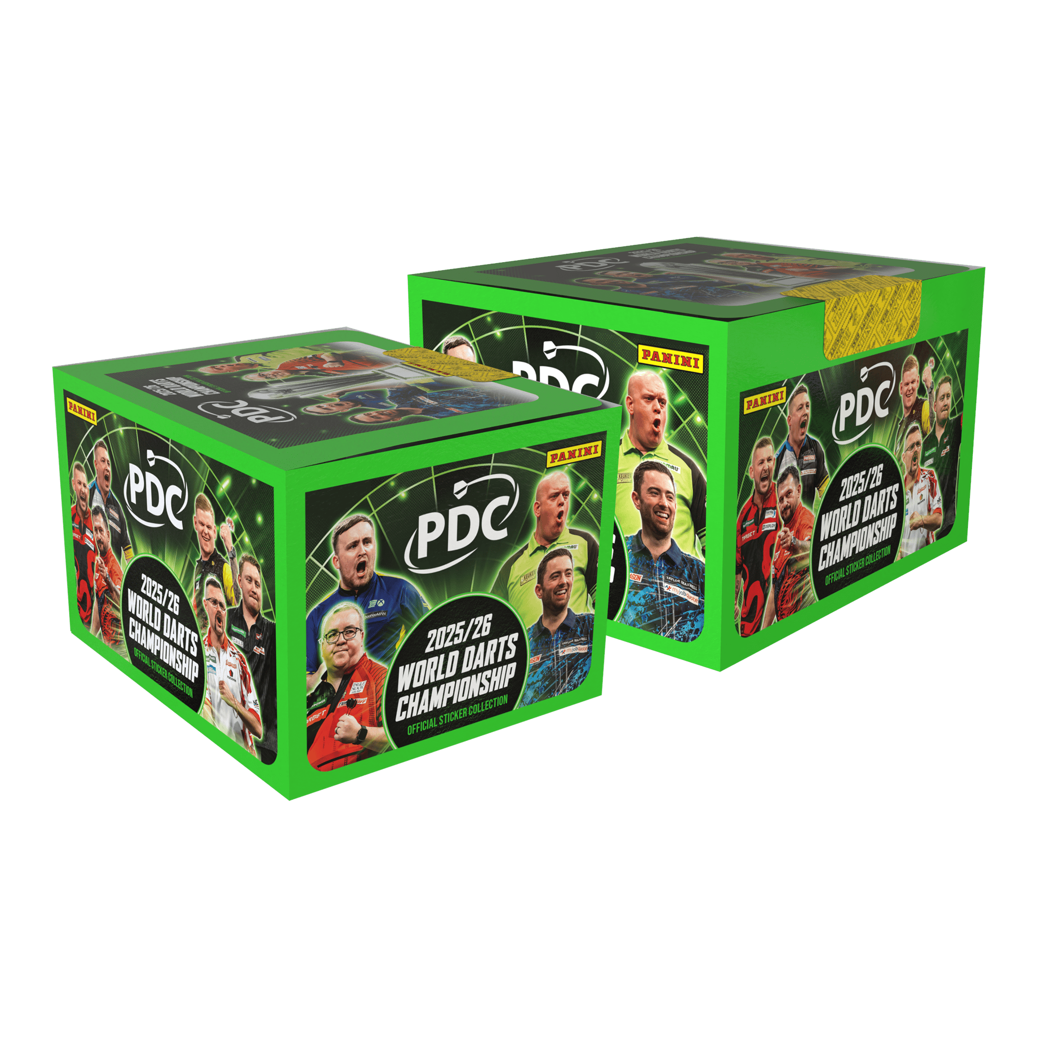 Das Bild zeigt das Panini PDC World Darts Championship 2025/26 Softcover Mega Bundle mit zwei Stickerboxen. Es handelt sich um ein Sammelalbum und zwei Stickerboxen für Dart-Fans.