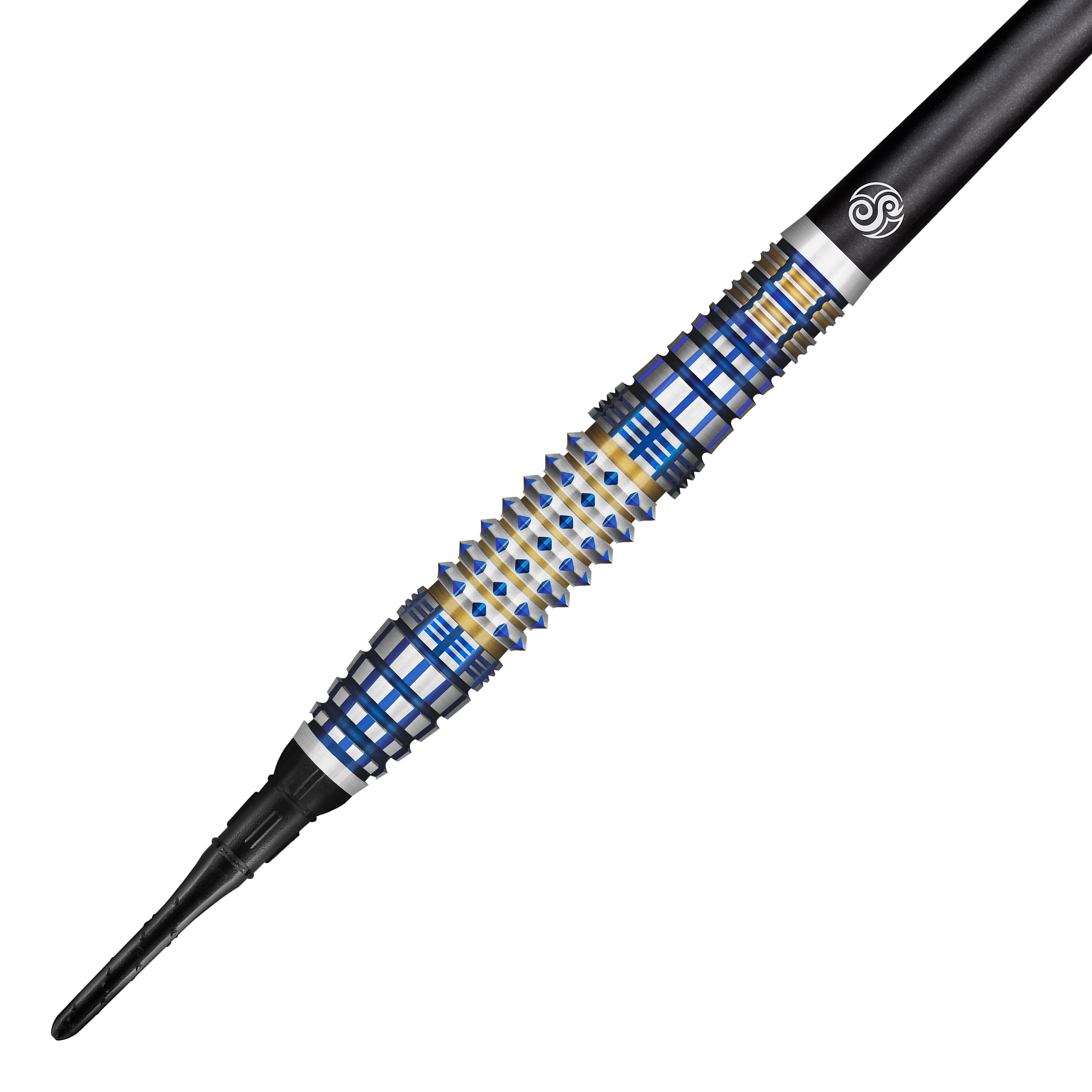 Das Bild zeigt einen Shot Future Knights Darkstar Softdart mit einem Gewicht von 20g. Der Dartpfeil hat ein auffälliges Design mit blauen, silbernen und goldfarbenen Akzenten.