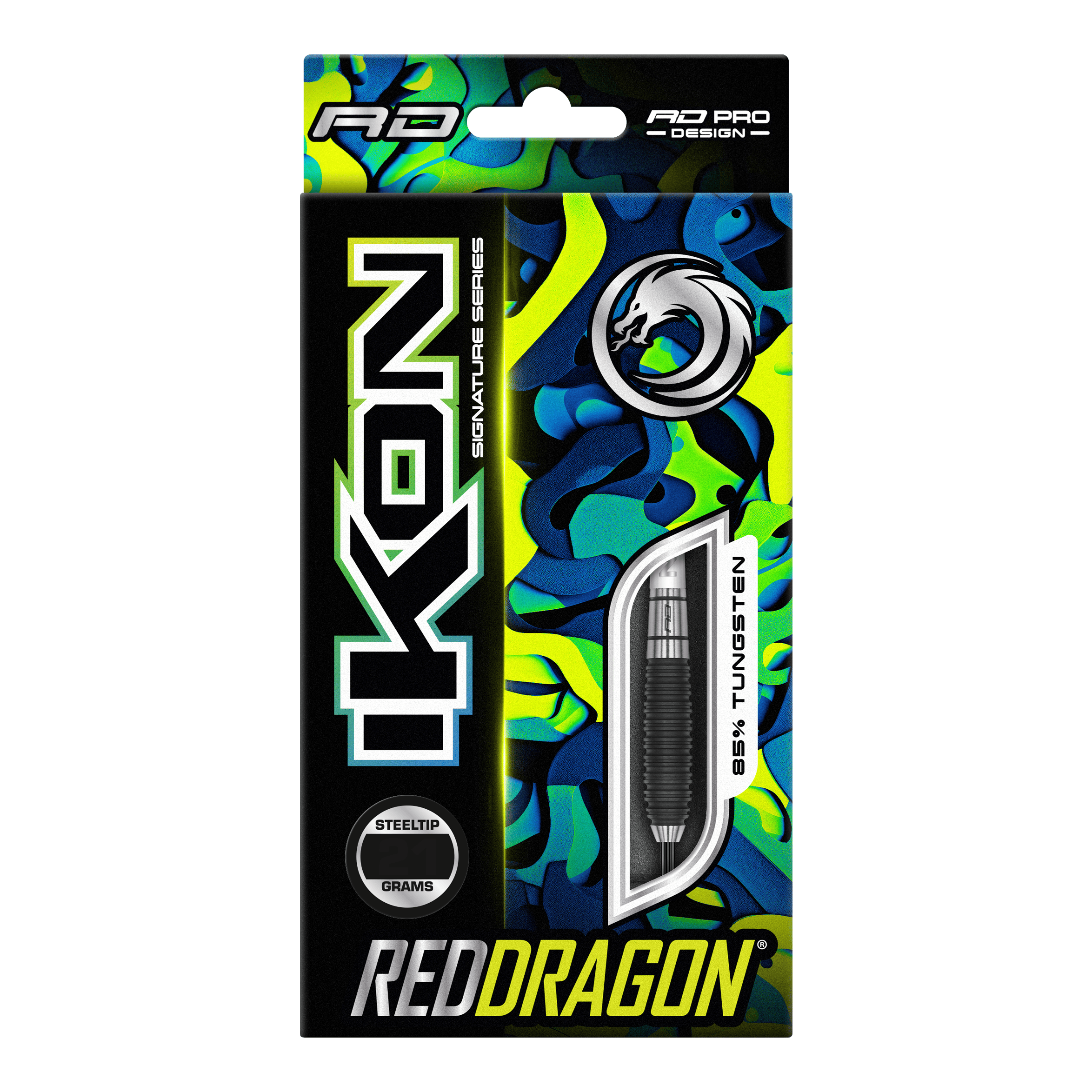 Ocelové šipky Red Dragon Ikon 3 Auf dem Bild ist die Verpackung der "Red Dragon Ikon 3 Steeldarts" zu sehen. Die Packung ist bunt gestaltet und hebt hervor, dass die Darts aus 85% Tungsten bestehen.