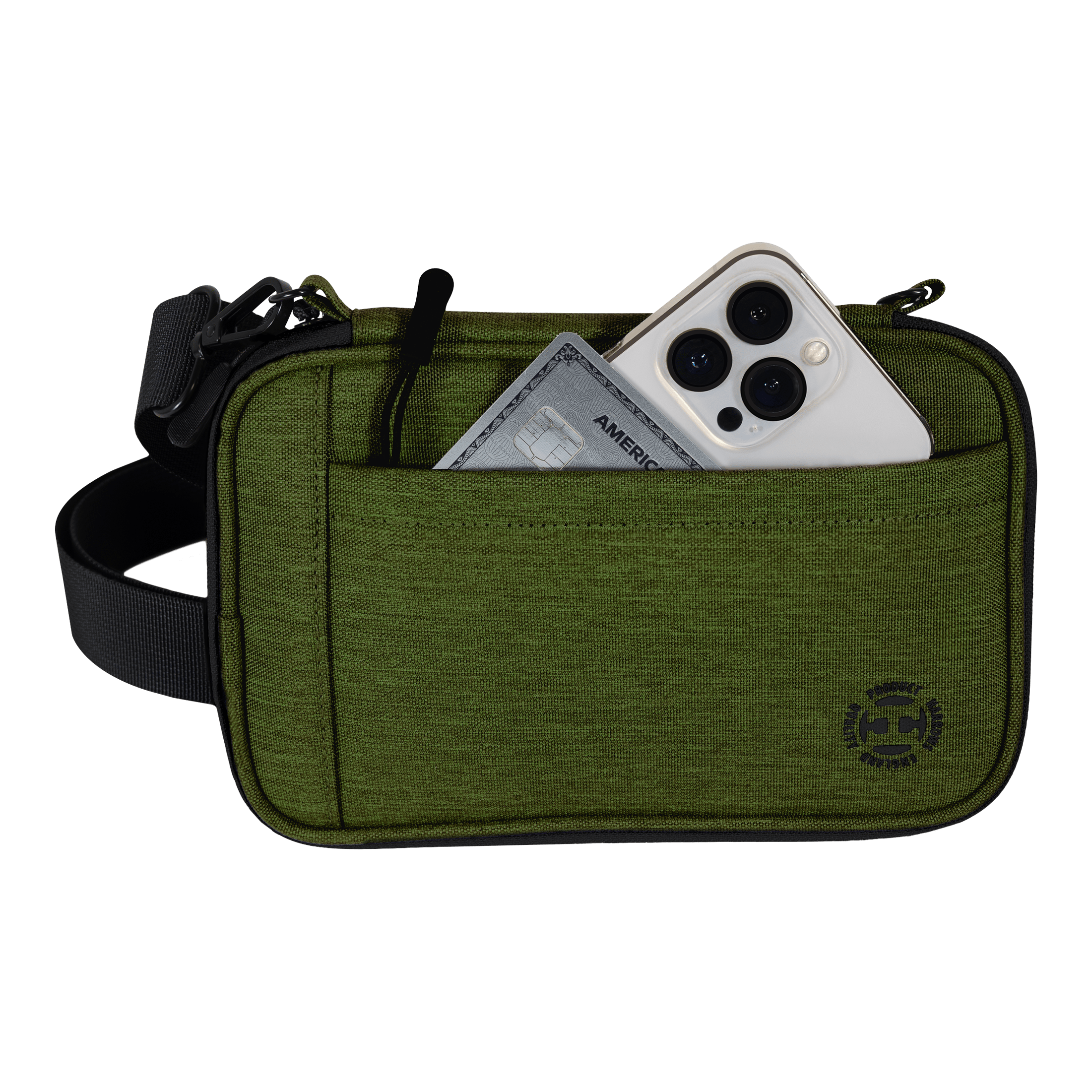 Peněženka na šipky Harrows Smart Case XL Die Abbildung zeigt eine grüne Tasche mit einem Schultergurt. In der Fronttasche stecken ein Smartphone und eine Kreditkarte.