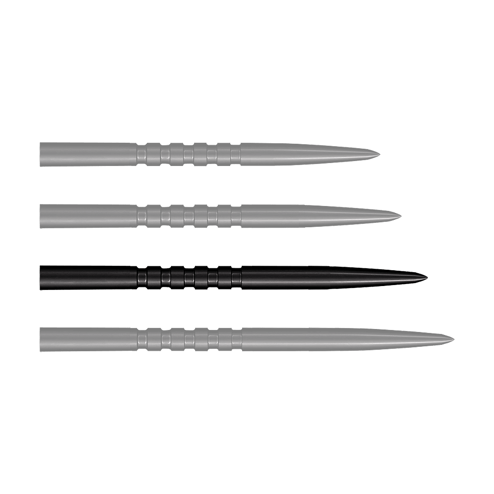 Ocelové hroty šipek Shot Grip Point - černé Das Bild zeigt vier schwarze Stahlspitzen für Steeldarts, die nebeneinander liegen. Jede Spitze ist 38 mm lang und hat gerillte Griffzonen.