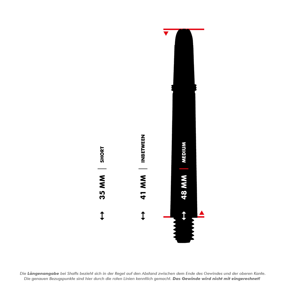 Karbonové násady Shot Koi - zelené Das Bild zeigt drei verschiedene Längen von Koi Carbon Schäften: 35 mm (kurz), 41 mm (mittel) und 48 mm (lang). Die roten Linien markieren die Messpunkte, wobei das Gewinde nicht mitgerechnet wird.