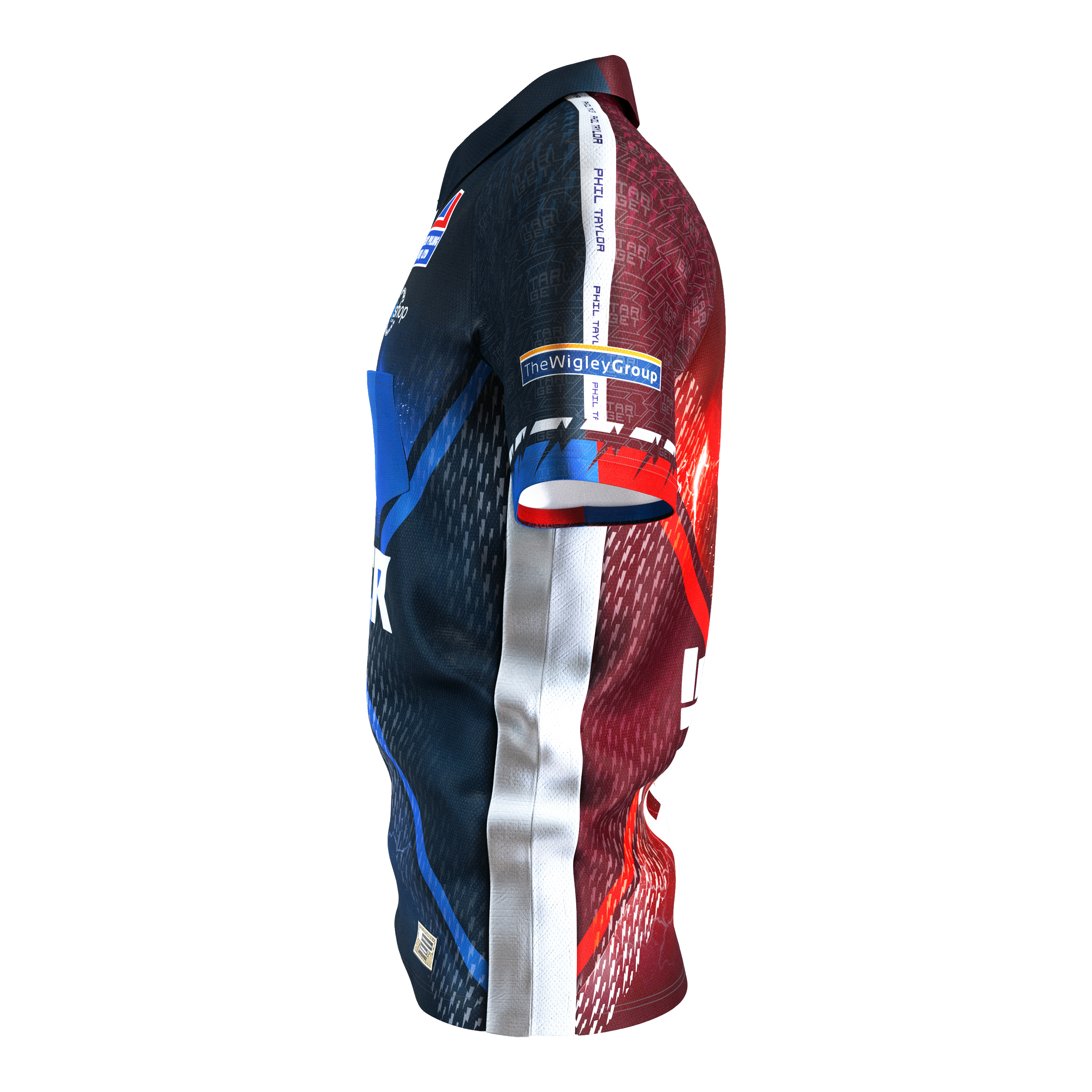 Tričko Target Coolplay Phil Taylor 2025 s motivem šipky Das Bild zeigt das Target Coolplay Phil Taylor 2025 Dartshirt in einer Seitenansicht. Das Shirt hat ein auffälliges Design in den Farben Blau, Rot und Weiß mit mehreren Sponsorenlogos.