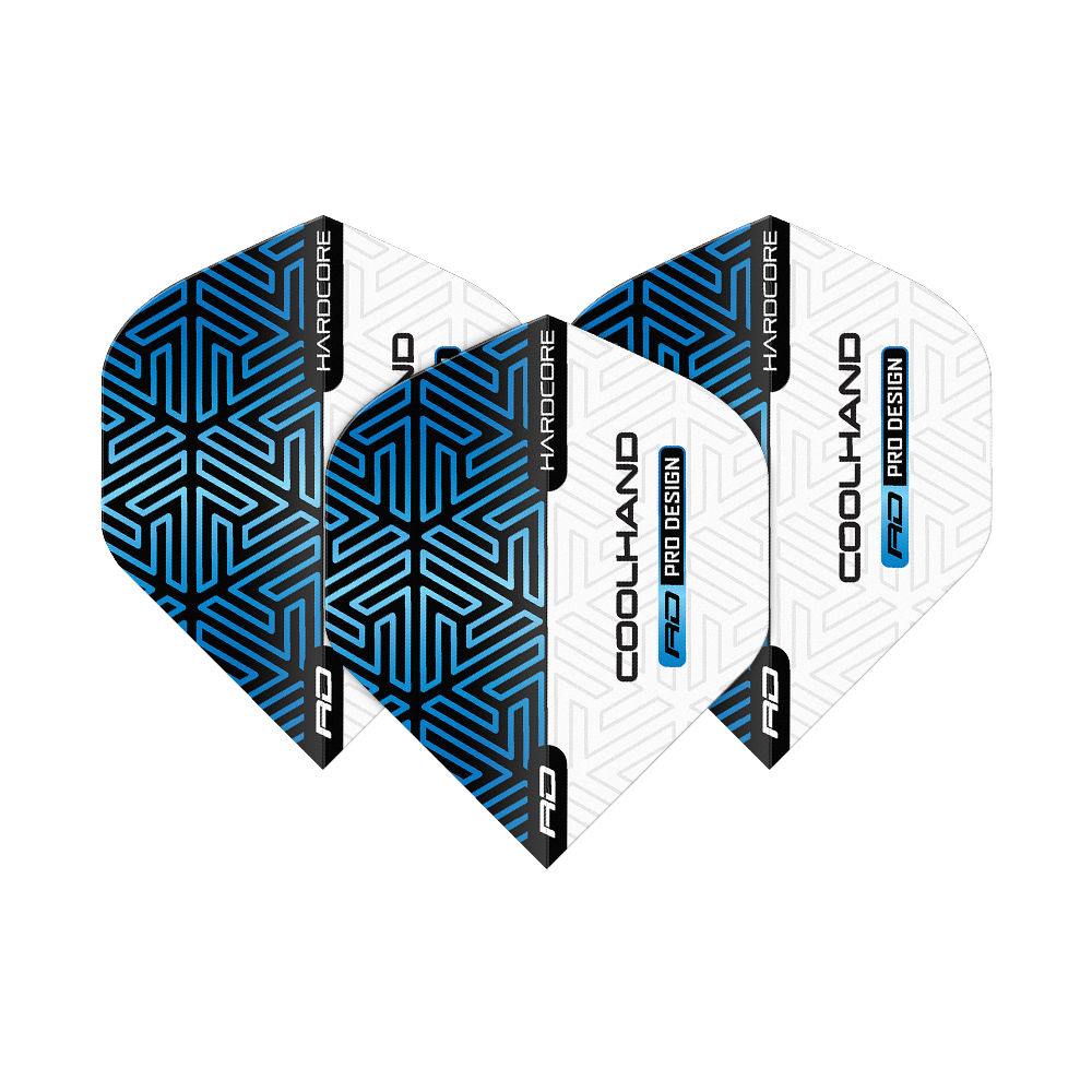 Red Dragon Hardcore Luke Humphries Modrá Bílá Prémiové Standardní Lety Das Bild zeigt vier Dart-Flights in Blau und Weiß mit geometrischem Muster. Auf den Flights stehen die Wörter "HARDCORE", "COOLHAND" und "RD PRO DESIGN".