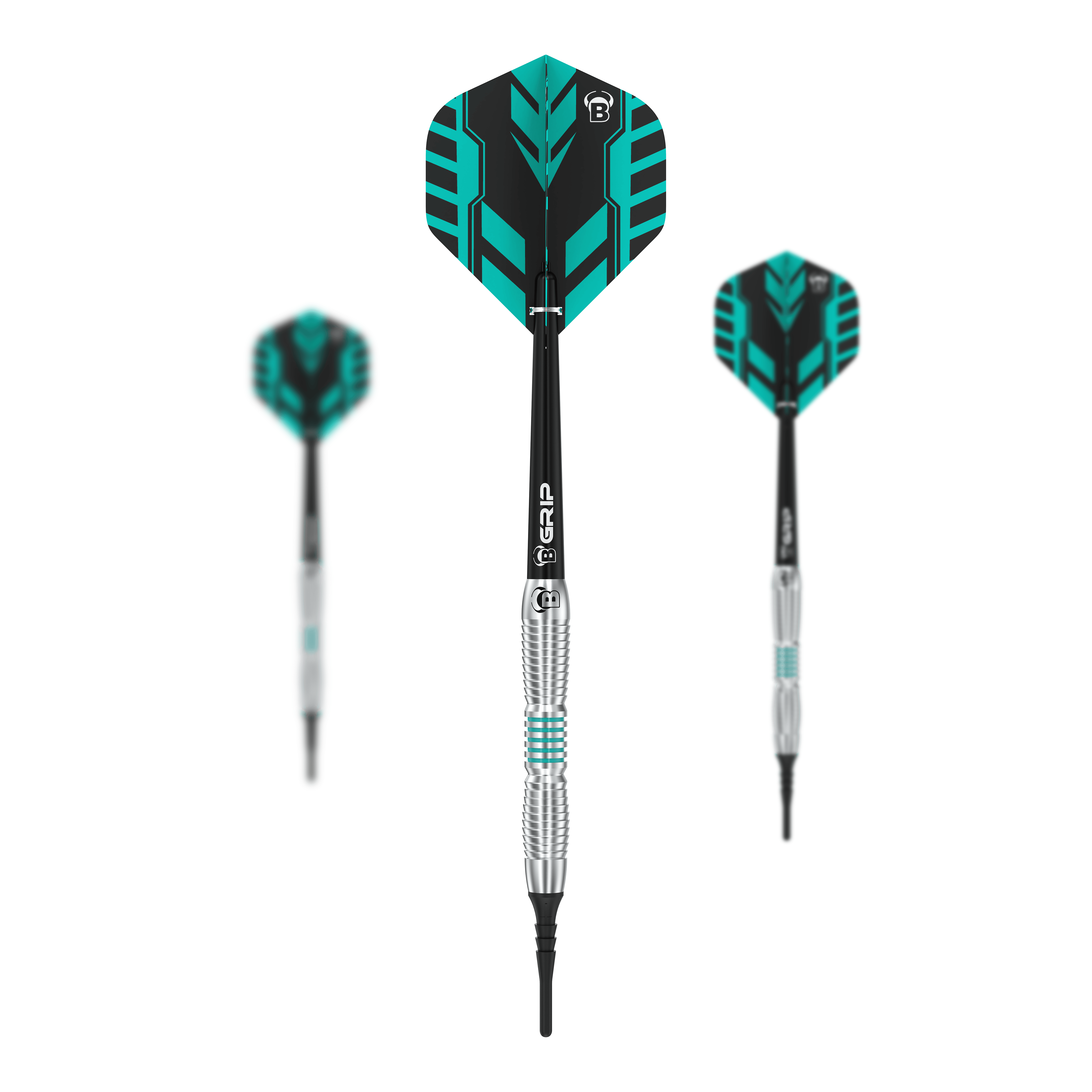 Auf dem Bild sind drei Bulls V1 Softdarts zu sehen, die nebeneinander angeordnet sind. Die Darts haben silberne Spitzen, schwarze Schäfte und türkis-schwarz gemusterte Flights.