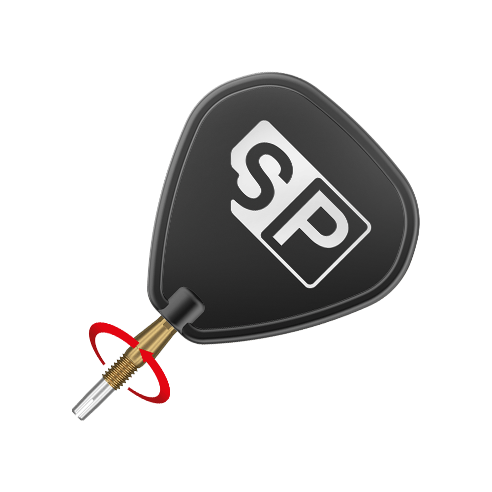 Špičky na šipky Target Swiss Storm Diamond Point - zlaté Das Bild zeigt eine schwarze Dartflügel mit der Aufschrift "SP" in weiß. Daran ist eine goldene Dartspitze befestigt.