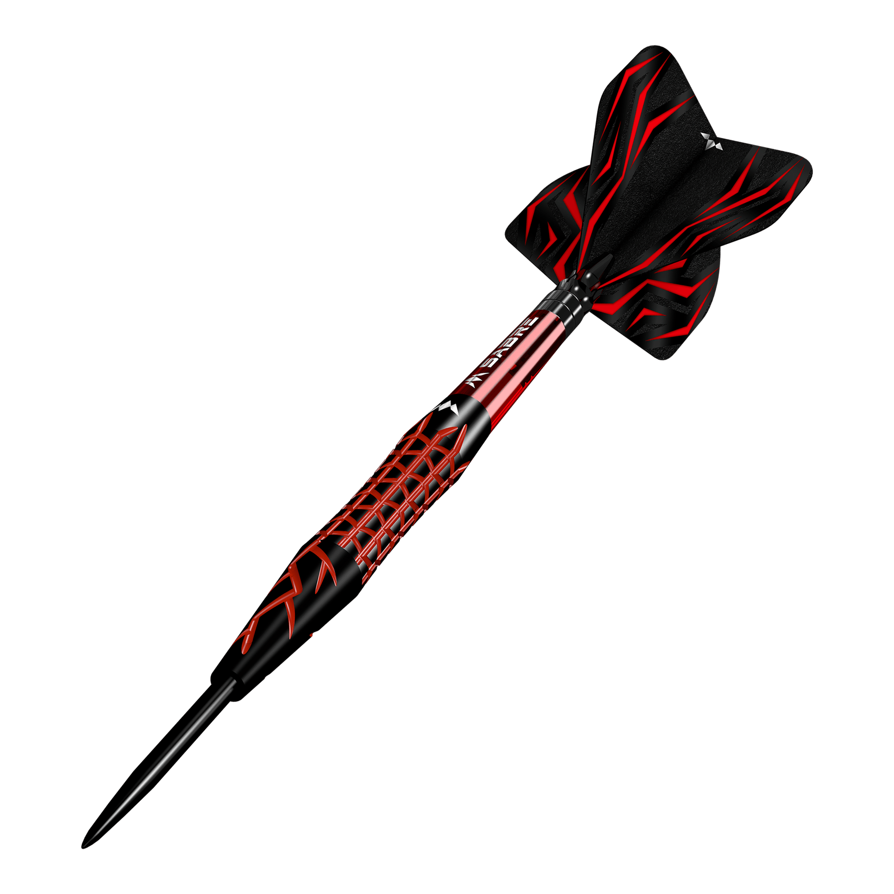Mise Lava Steeldarts Das Bild zeigt einen Mission Lava Steeldart mit schwarzem und rotem Design. Der Dartpfeil hat eine spitze Metallspitze und auffällige Flügel mit roten Mustern.
