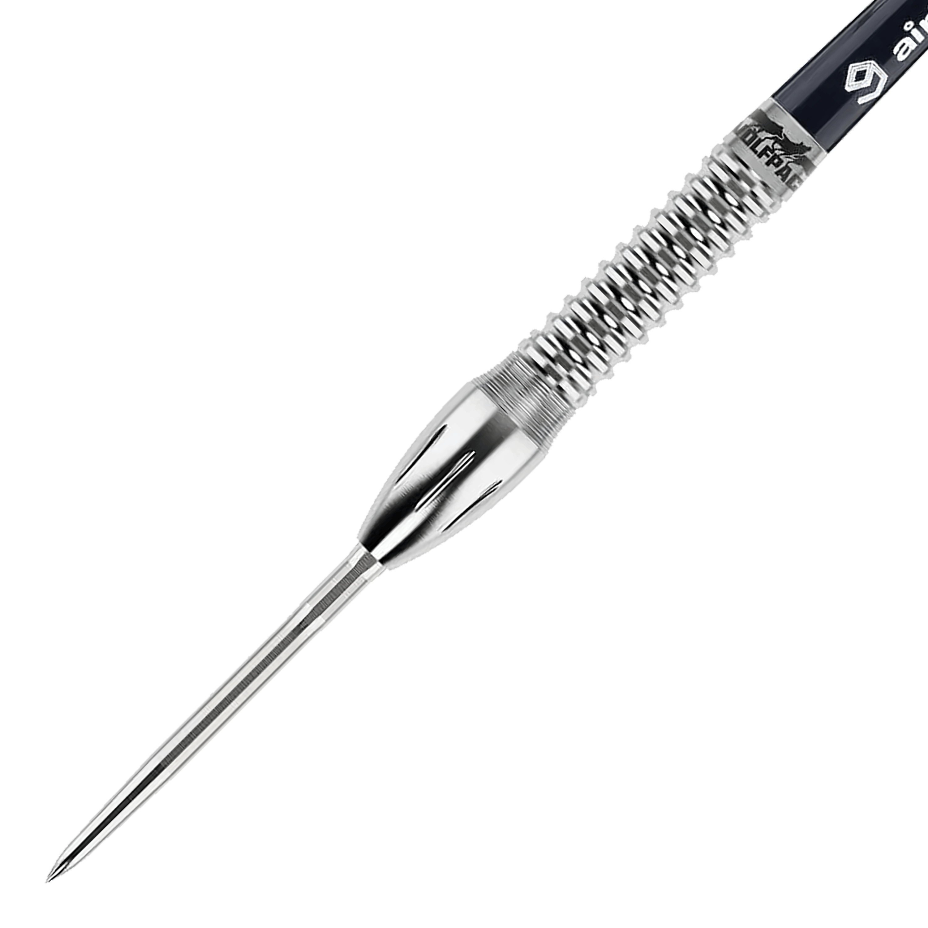 Das Bild zeigt einen Caliburn Wolfpack W4 Steeldart mit einem Gewicht von 20g. Der Dartpfeil besteht aus silberfarbenem Metall und hat eine strukturierte Griffzone.