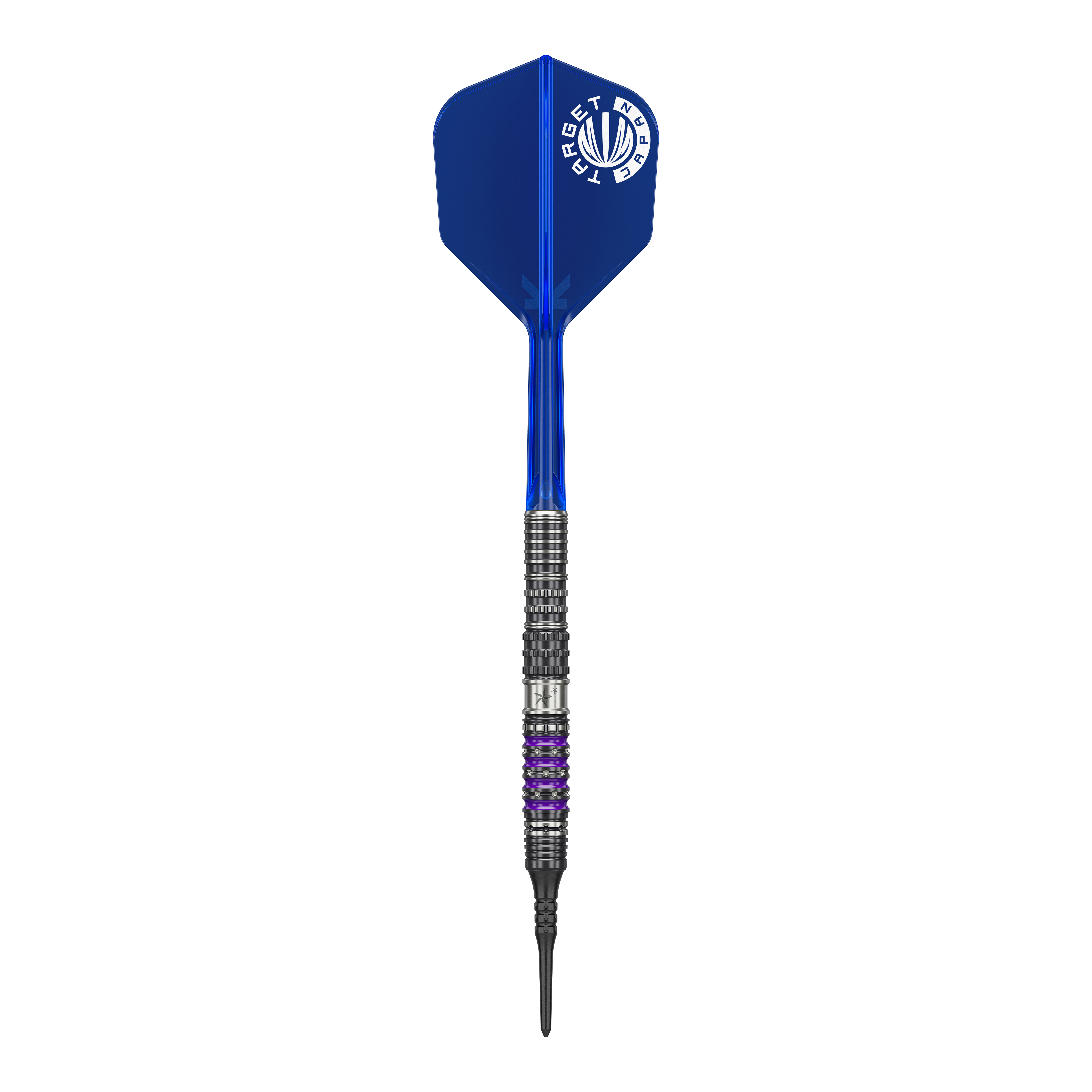 Měkké šipky Target Japan Prime Series Sirius GEN4 - 21,5 g Auf dem Bild ist ein Softdart aus der Serie "Target Japan Prime Series Sirius GEN4" mit einem Gewicht von 21,5g zu sehen. Der Dart hat eine blaue Flight und einen schwarz-silbernen Schaft mit lila Akzenten.
