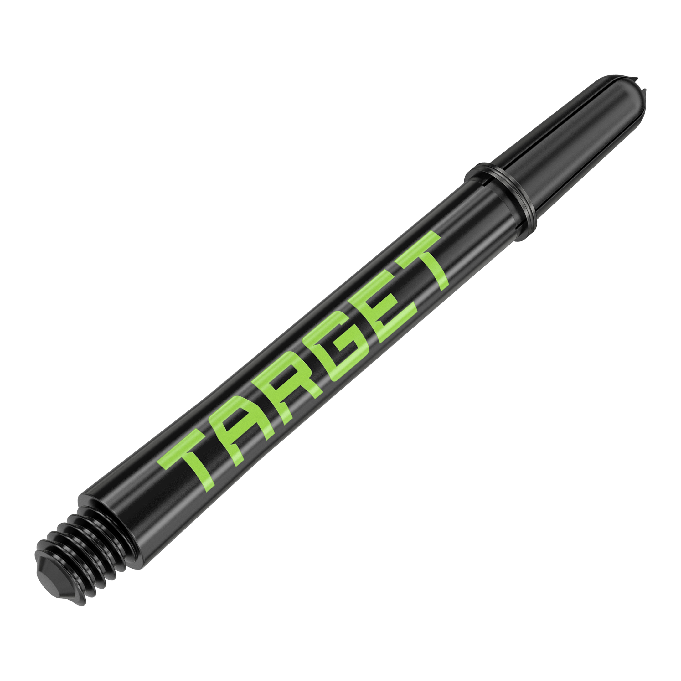 Dies ist ein schwarzer Dart-Schaft mit grünem Schriftzug „TARGET“. Der Schaft hat ein Gewinde an einem Ende und ist 48 mm lang.