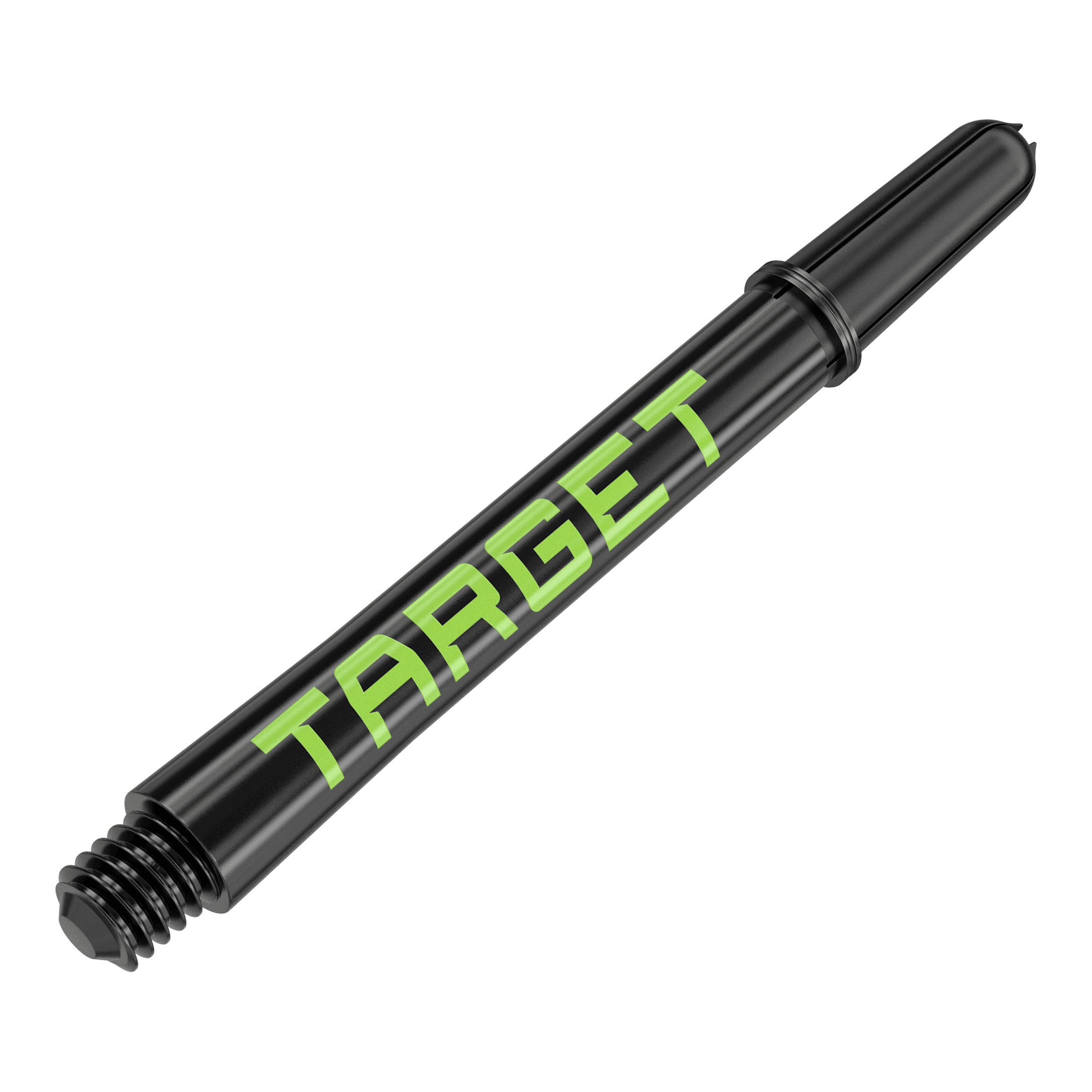 Target Pro Grip TAG Shafts - 3 sady - černo-zelené Zwei Dart-Schäfte in harmonischer Anordnung werden präsentiert. Die Linie und das Profil der Produkte sind markant.