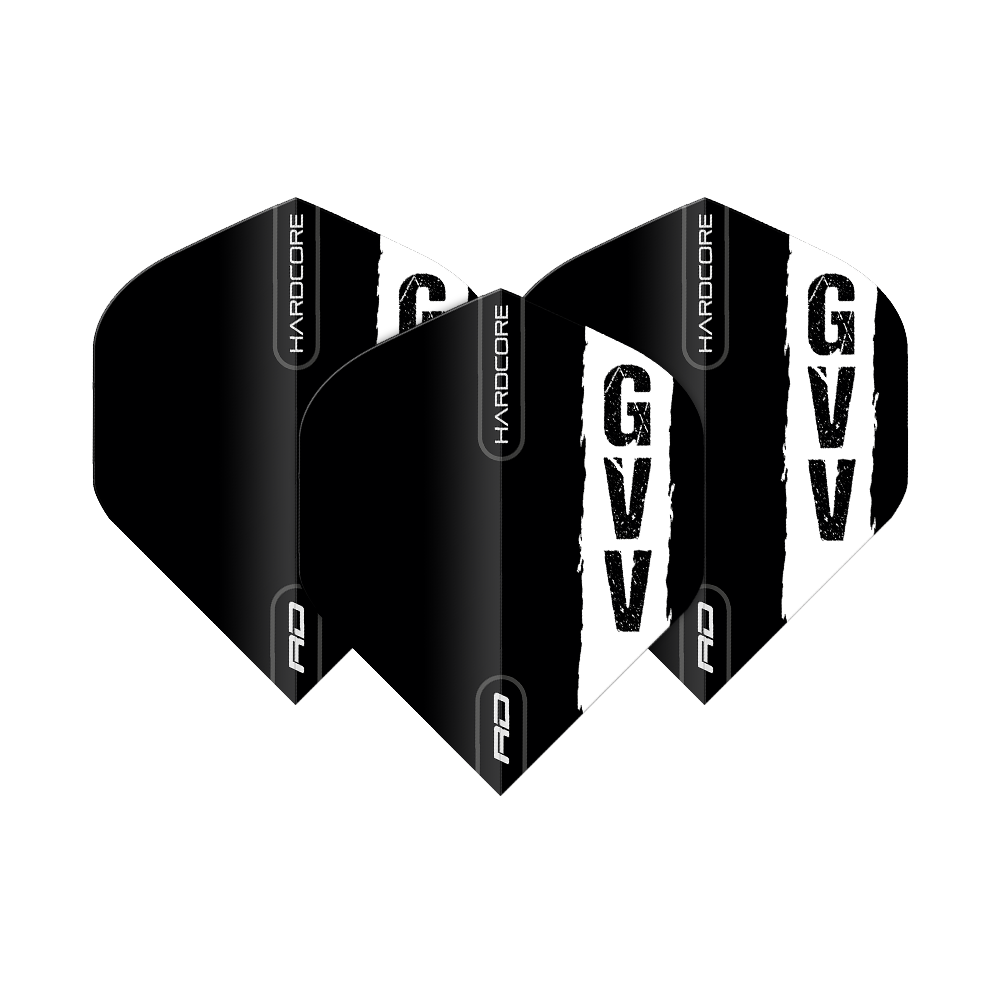 Das Bild zeigt drei schwarze Dartflights mit dem weißen Aufdruck "GVV" und dem Schriftzug "HARDCORE". Es handelt sich um das Produkt "Red Dragon Hardcore Gian Van Veen Black Logo Standard Flights".