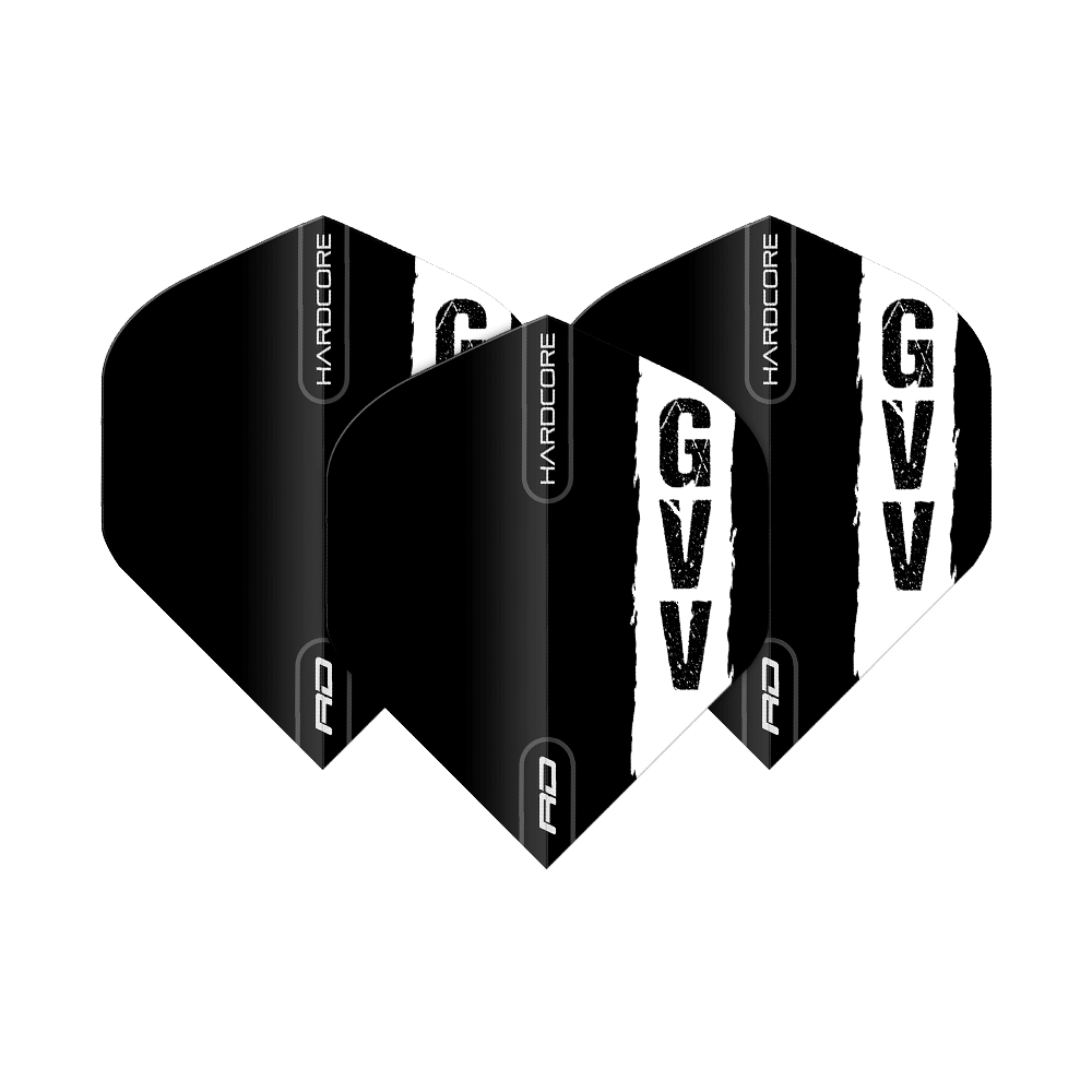 Standardní letky Red Dragon Hardcore Gian Van Veen s černým logem Das Bild zeigt drei schwarze Dartflights mit dem weißen Aufdruck "GVV" und dem Schriftzug "HARDCORE". Es handelt sich um das Produkt "Red Dragon Hardcore Gian Van Veen Black Logo Standard Flights".