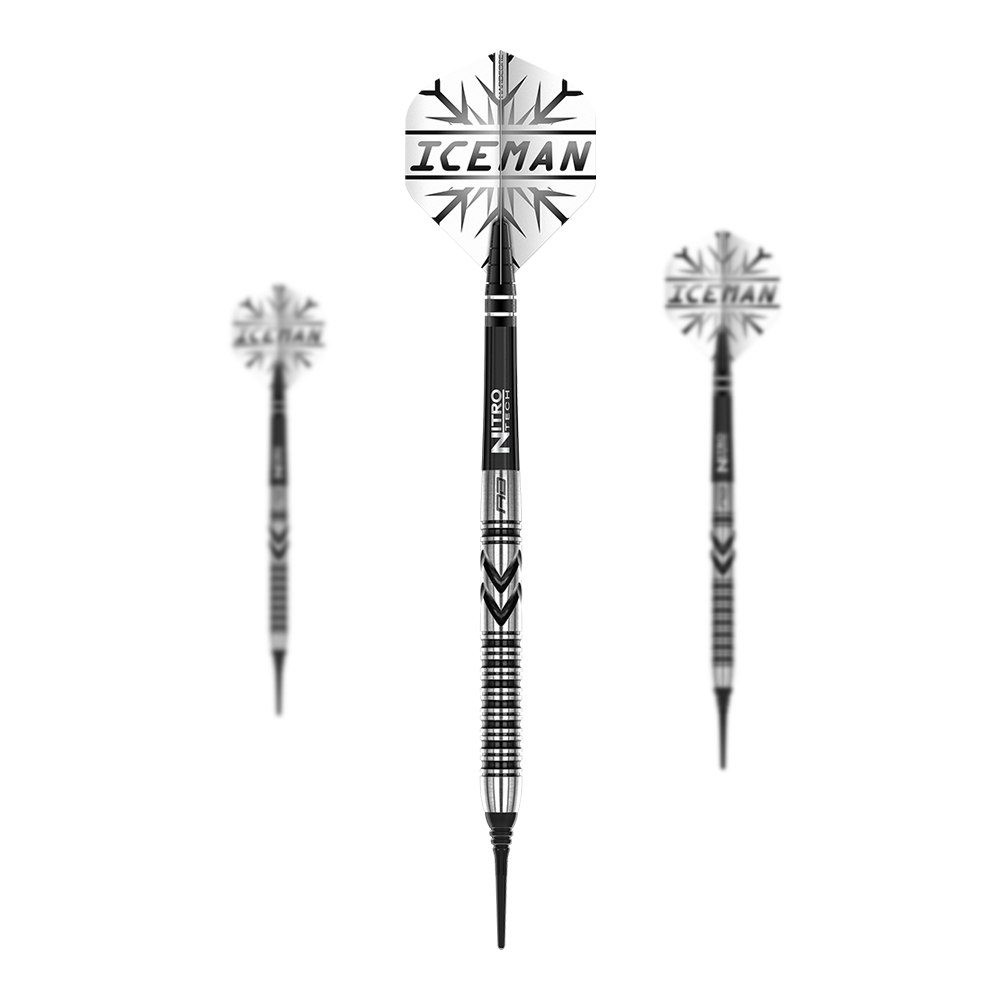 Red Dragon Gerwyn Price Thunderbolt měkké šipky - 20g Das Bild zeigt drei Softdarts des Modells "Red Dragon Gerwyn Price Thunderbolt - 20g". Auf den Flights steht "ICEMAN" und die Darts haben ein schwarz-silbernes Design.
