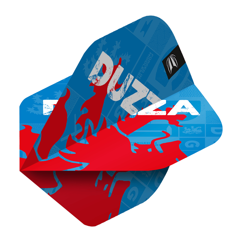 TG7_335730_Target_ProUltra_Glen_Durrant_No2_Standard_Flights_2 Das Bild zeigt die Target ProUltra Glen Durrant No2 Standard Flights. Die Flights sind überwiegend blau mit roten und weißen Akzenten sowie dem Schriftzug "DUZZA".